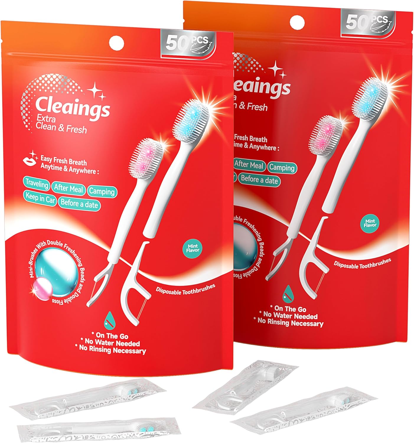 cleaings Disposable Toothbrushes with Double Cleaning Beads Toothpaste and Clean Floss Picks for Work or Travel - 50 pcs-Mint Flavor(Pack of 2)