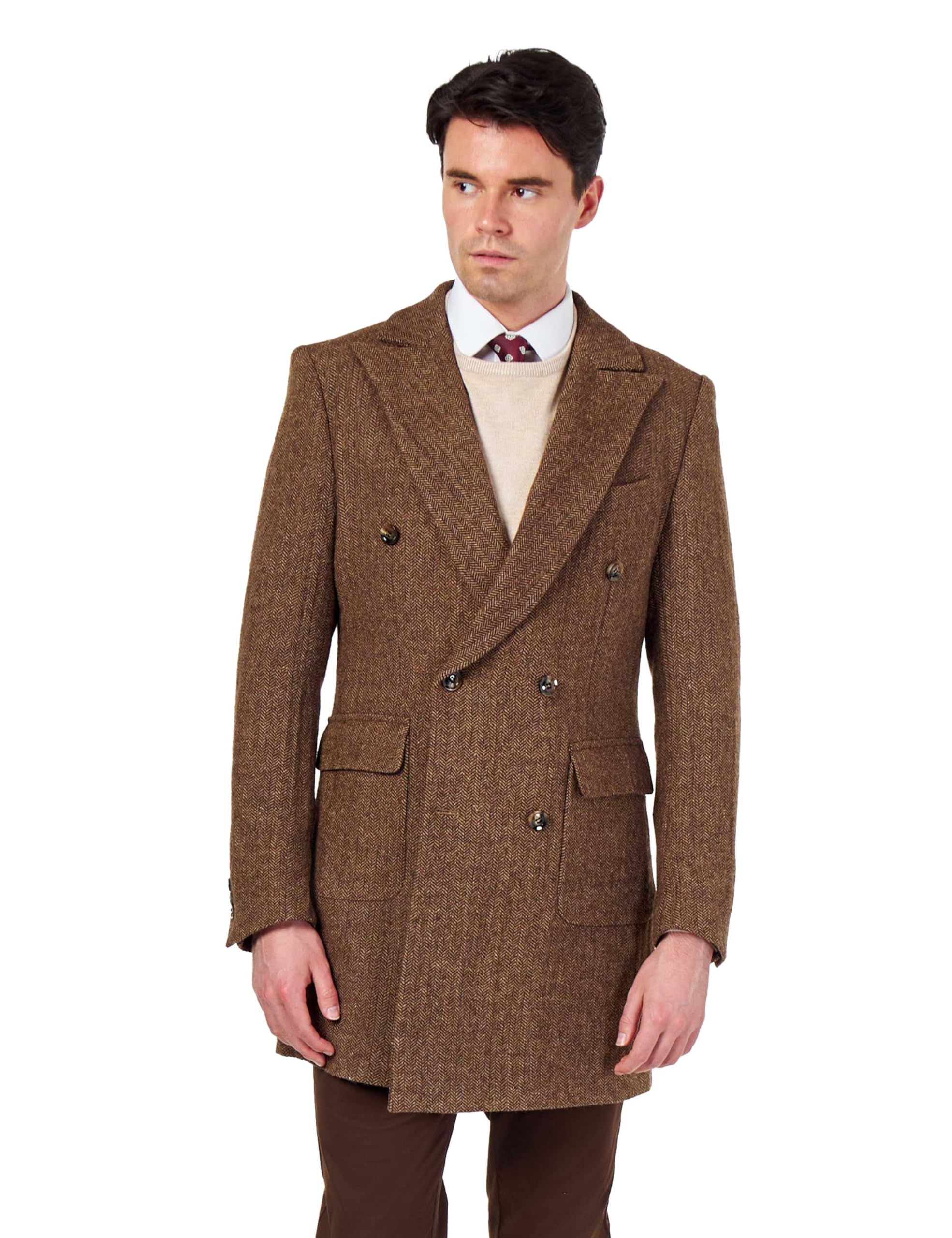 Xposed Men's Brown Kepler – Double Breasted Wool Rich Herringbone Coat [Coat-Kepler-40]