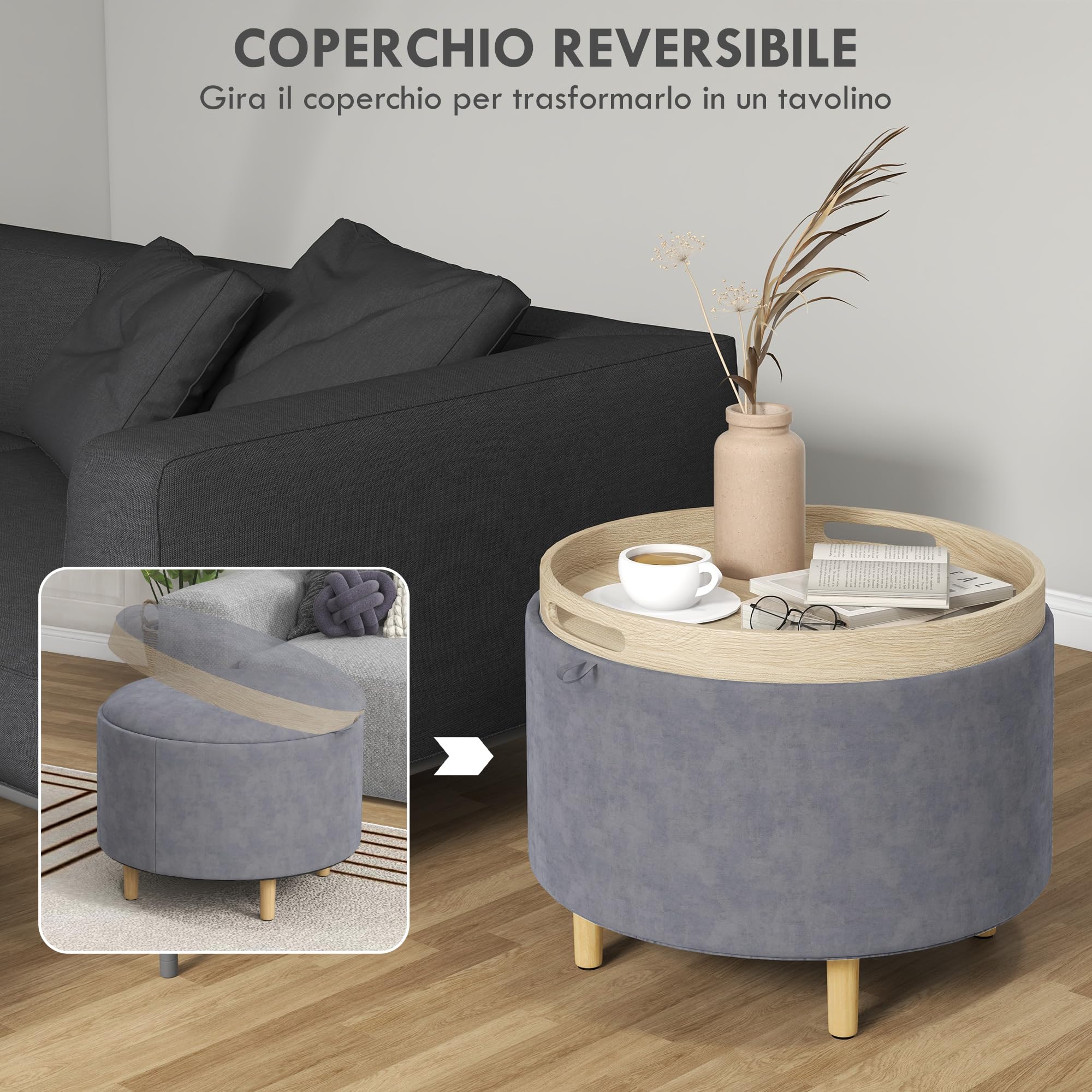 HOMCOM Pouf Contenitore in Tessuto Sherpa da 120 kg max con Vassoio a Ribalta, Tavolino da Caffè in MDF e Faggio con Spazio a Scomparsa, 56x56x42 cm, Grigio