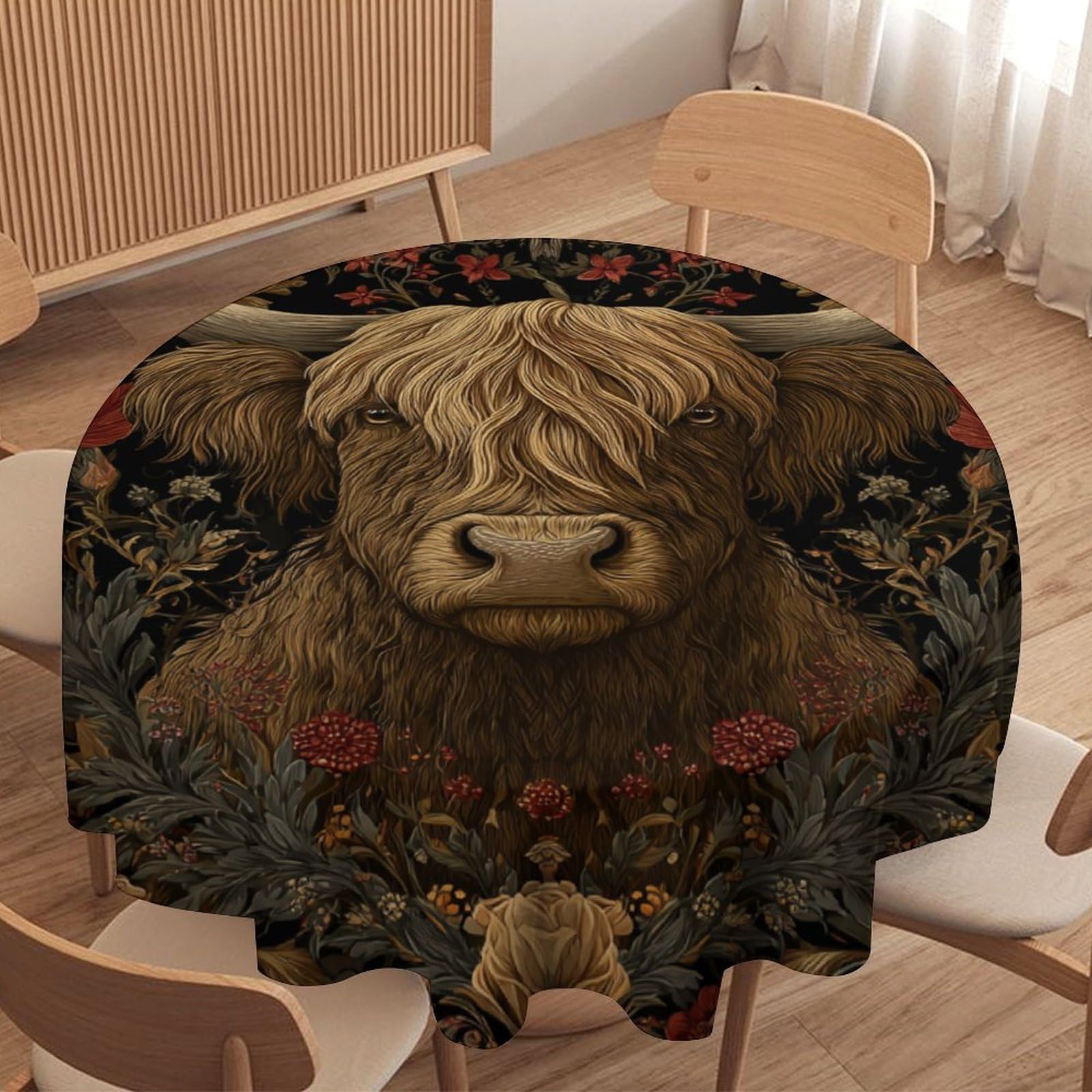 LUYYSKY Rustic Watercolor Highland Cow Waterproof Round Tablecloth Retro Aesthetic William Morris Plant Floral Animal Cow Pattern Washable Table Cover for Kitchen-177.8" Wx177.8 L cm