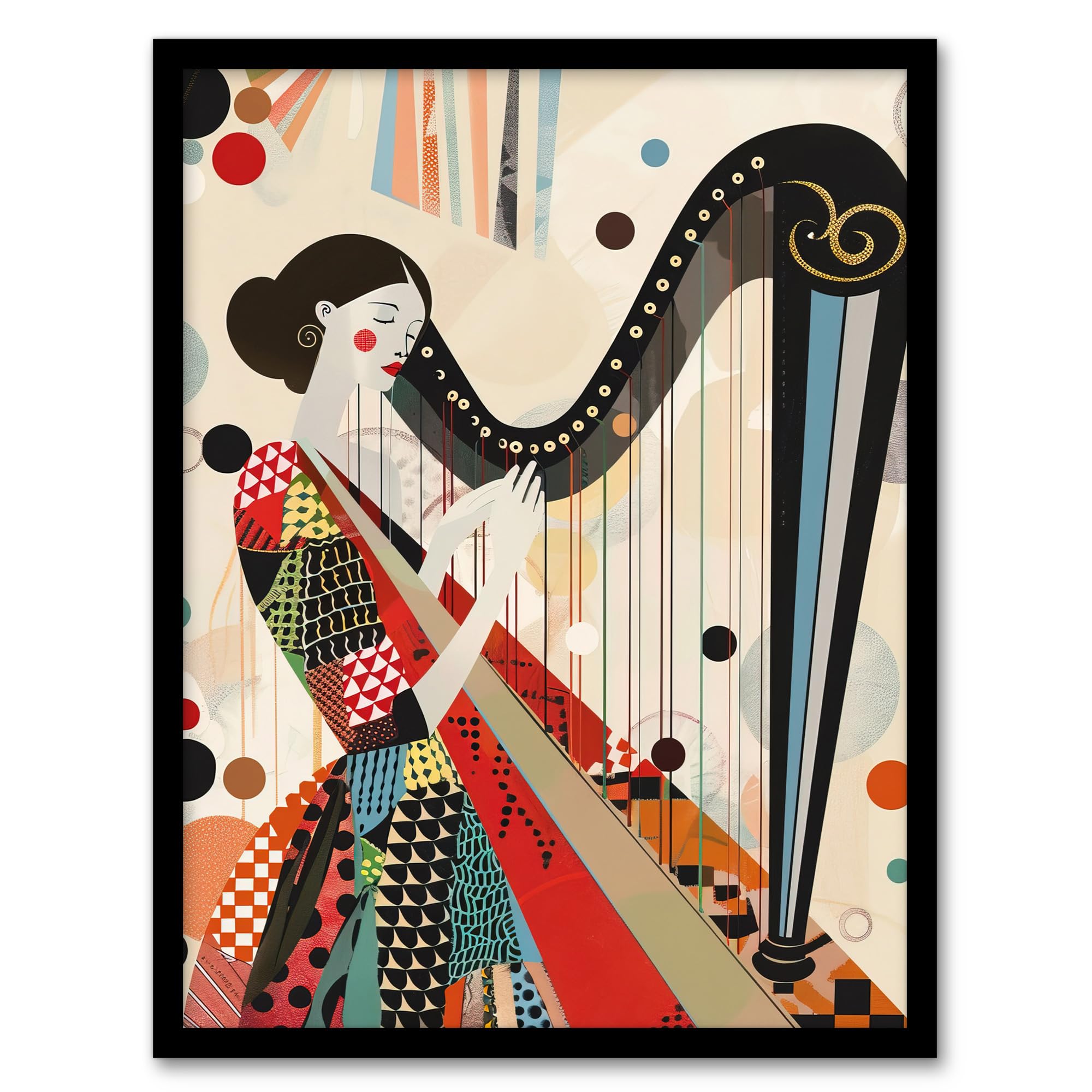 Artery8 Harpist Playing Harp Music Colourful Geometric Living Room Artwork Framed Wall Art Print A4