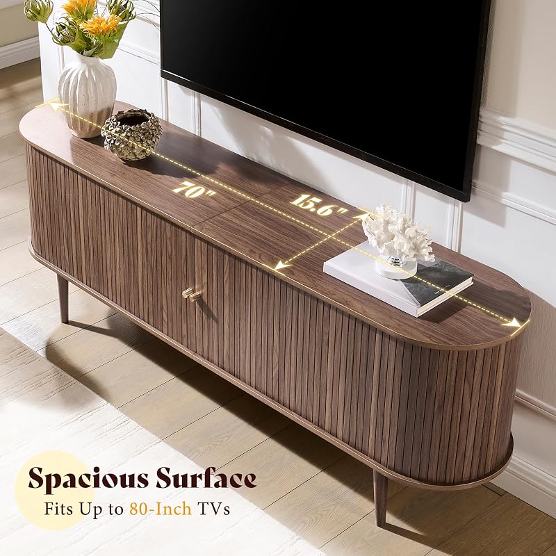 AMERLIFE 70" Mid-Century Modern Fluted TV Stand with Storage, Walnut image 3