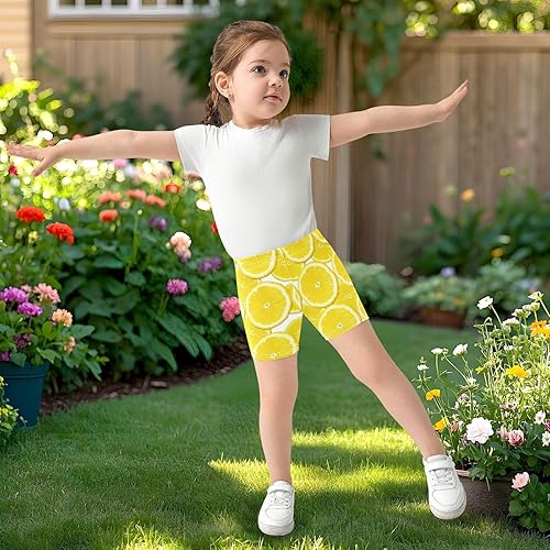 Lemon Slices Yellow Girls Bike Shorts Cotton Spandex Cartwheel Athletic Summer Clothes, 4T(6 Years)