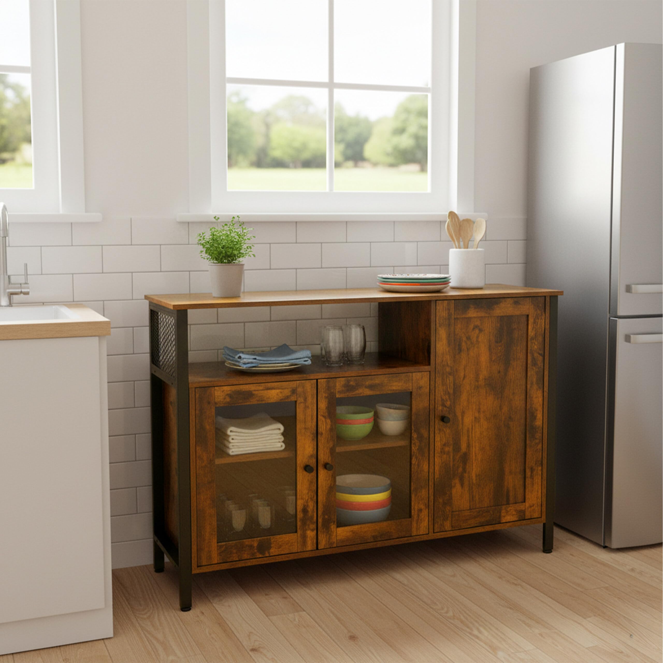 Relaxdays Armadio da Cucina con Ante in Vetro, HLP: 75 x 110 x 33 cm, credenza, Stile Industriale