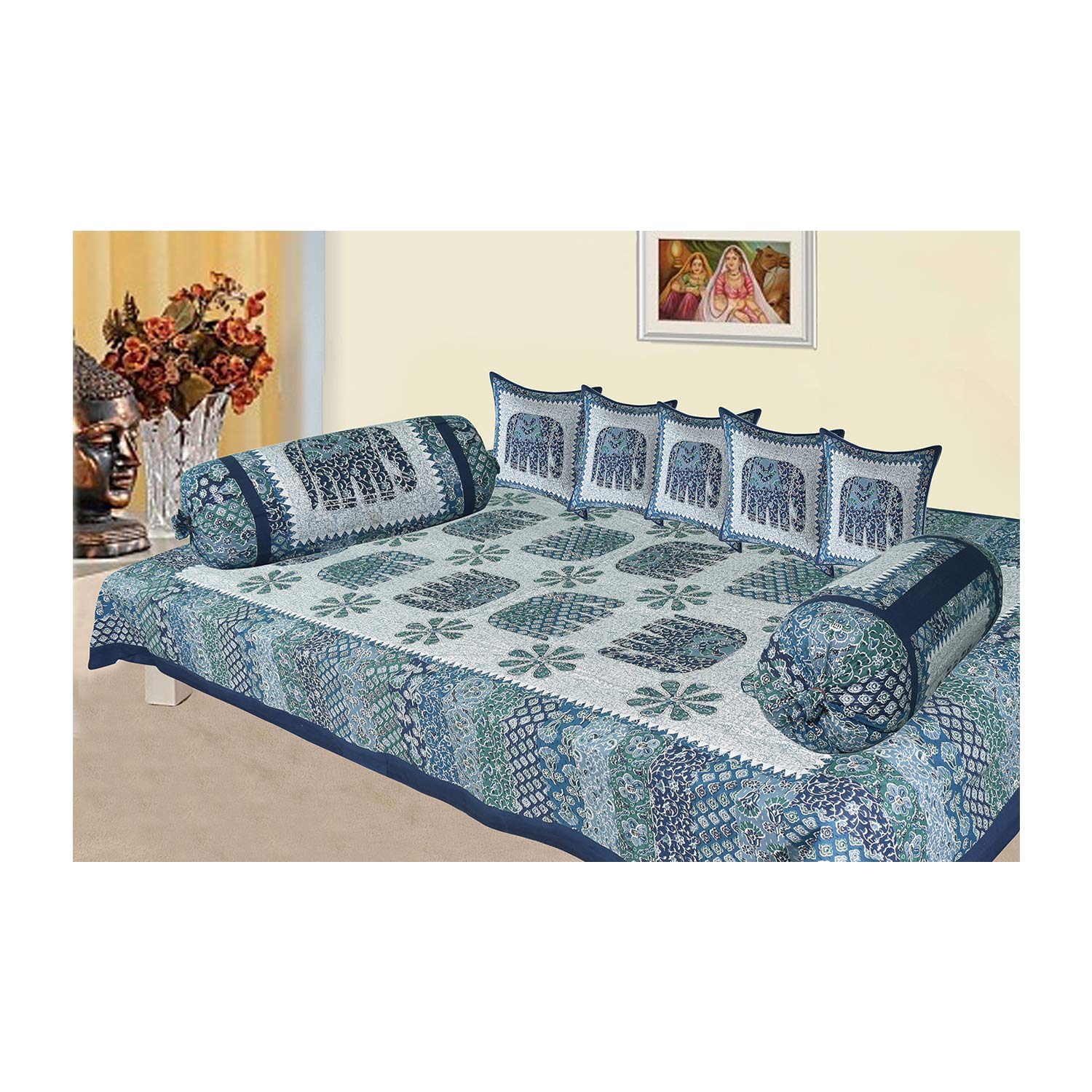 SkyKross - Everyday A New Thing Barmeri Special Hathi Pure & Soft Cotton Diwan Cover Set |8 Pcs Set - 5 Cushion Cover,2 Bolster Cover,1 Bedsheet (DARKBLUE)
