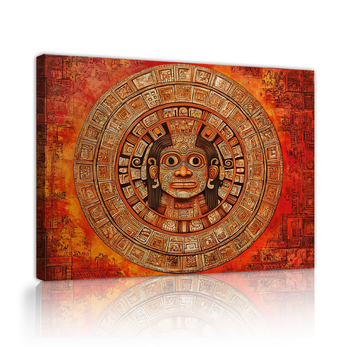 TOANGWALL Ancient Culture Canvas Wall Art Golden Sun Disc Prints Folk Symbol Picture Terracotta Tribal Painting Living Room Bedroom Hallway Corridor Vintage Theme Poster 65x80cm