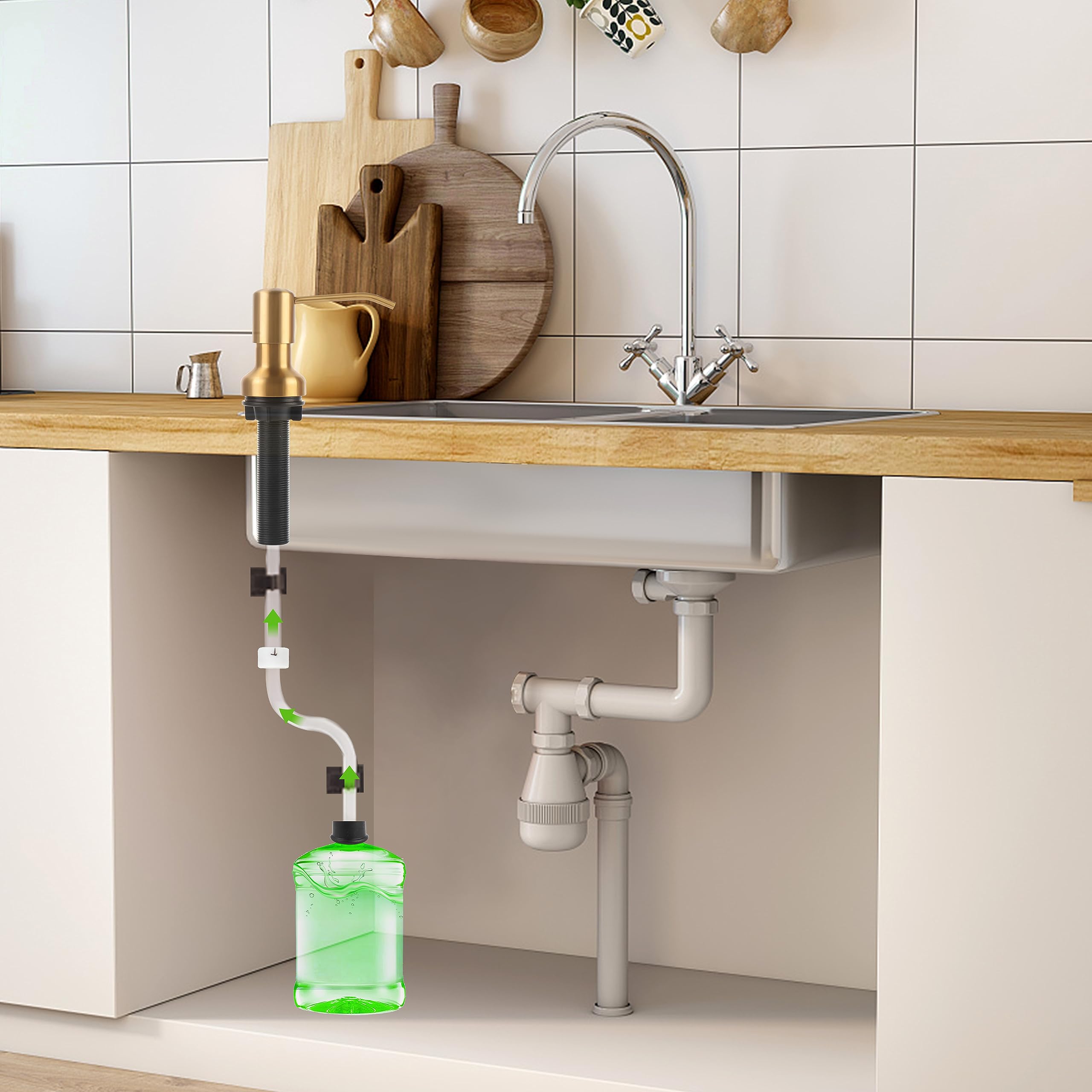 Dispensador de jabón para fregadero de cocina, dispensador de jabón de fregadero con eje roscado más largo, bomba de acero inoxidable con tubo de extensión de 47 pulgadas, se conecta directamente al