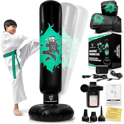 THB Punching Bag for Kids - Inflatable Punching Bag with Boxing Gloves for Kids Age 3-8, 63 Ninja Boxing Bag with Electric Air Pump to Practice