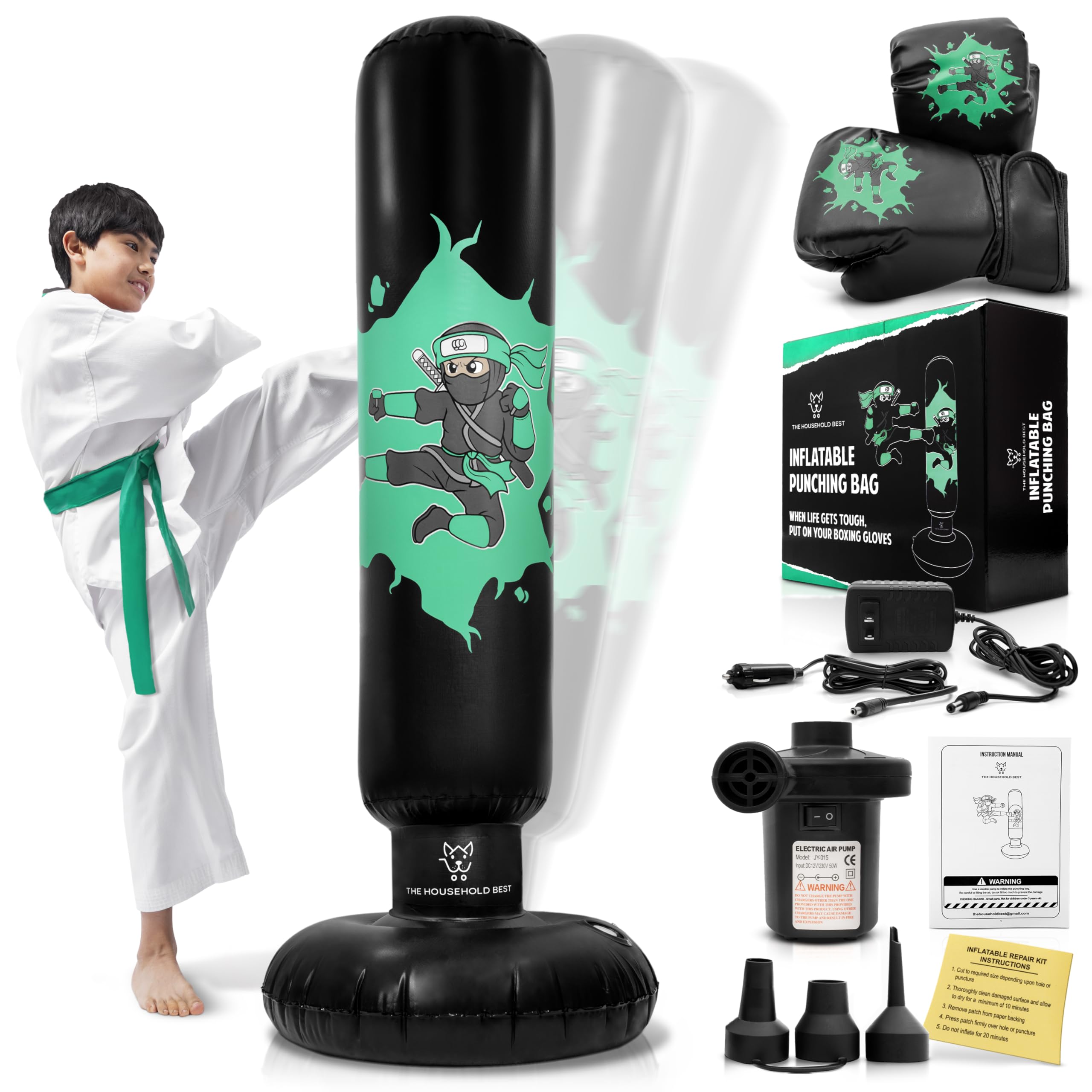 THB Punching Bag for Kids - Inflatable Punching Bag with Boxing Gloves for Kids Age 3-8, 63” Ninja Boxing Bag with Electric Air Pump to Practice Taekwondo, Karate, MMA, Bouncing Back