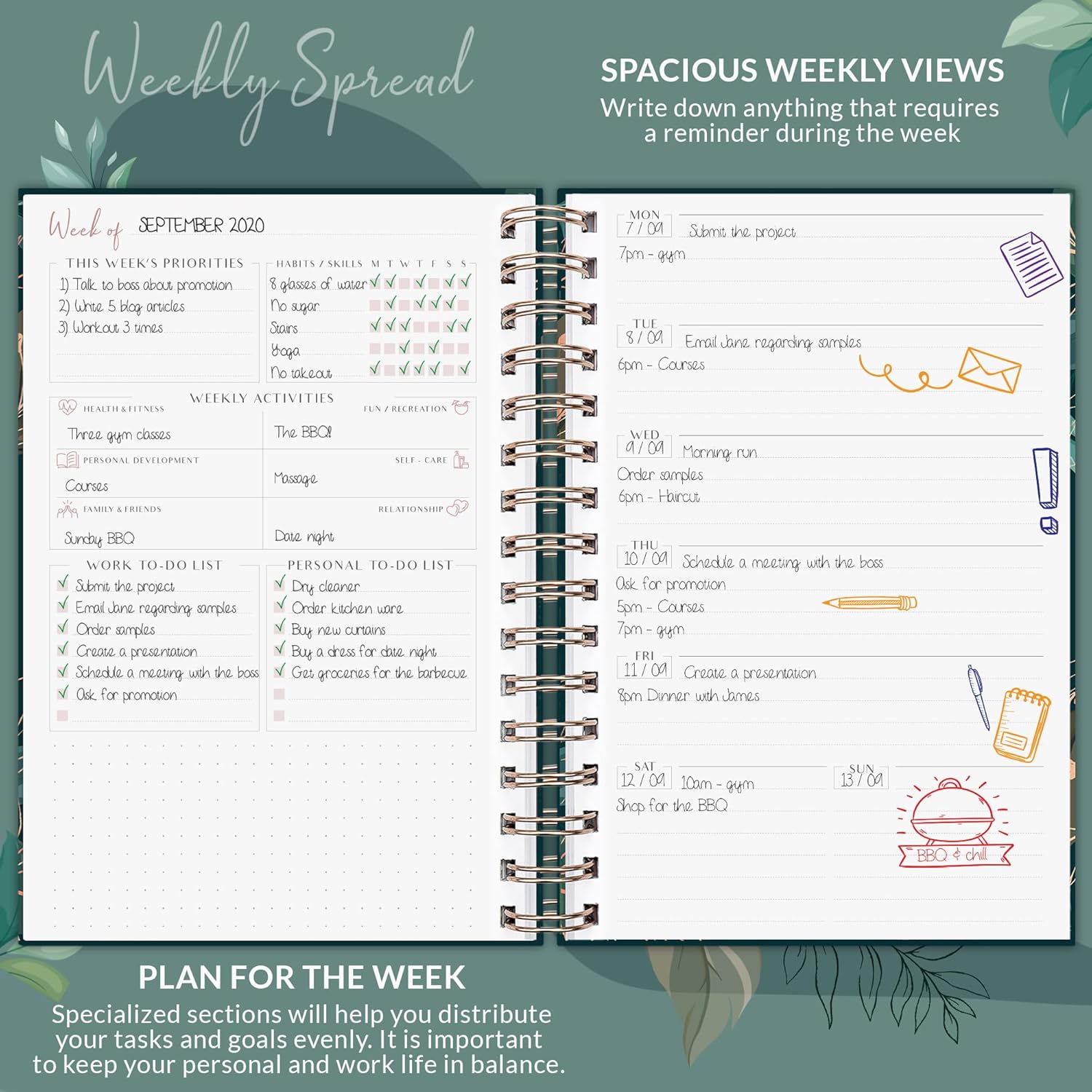 PLANBERRY Weekly Planner Premium – Undated Life Organizer & Budget Planner – Time Management, Goal Setting, To-Do List, Work-Life Balance & Habit Tracker – 6.9″ x 8.5″ (Green Pastures)