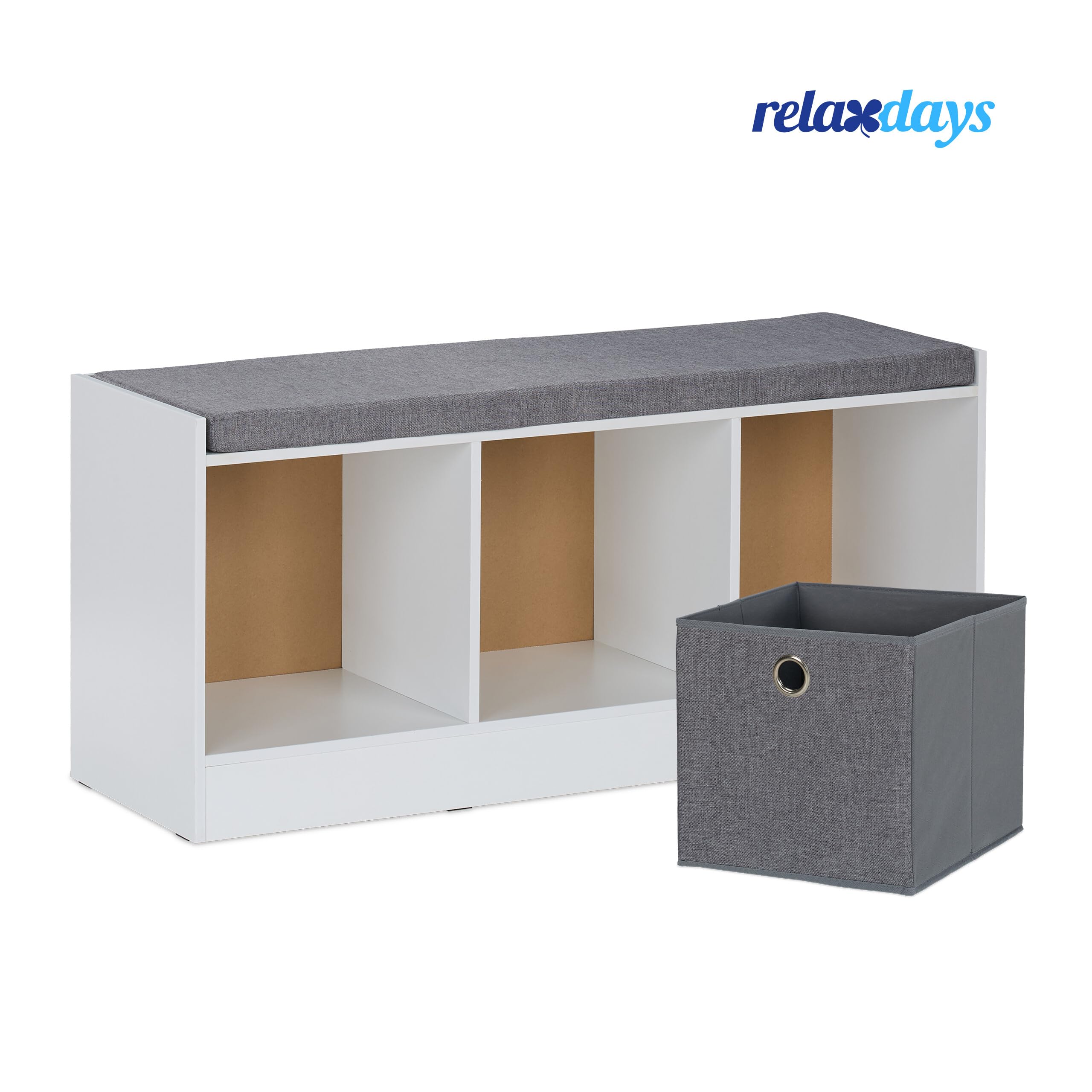 Relaxdays Sitzbank, Polsterbank mit 3 Stoff-Schubladen, HxBxT: 46 x 102 x 32 cm, MDF, Aufbewahrungsbank, weiß/grau