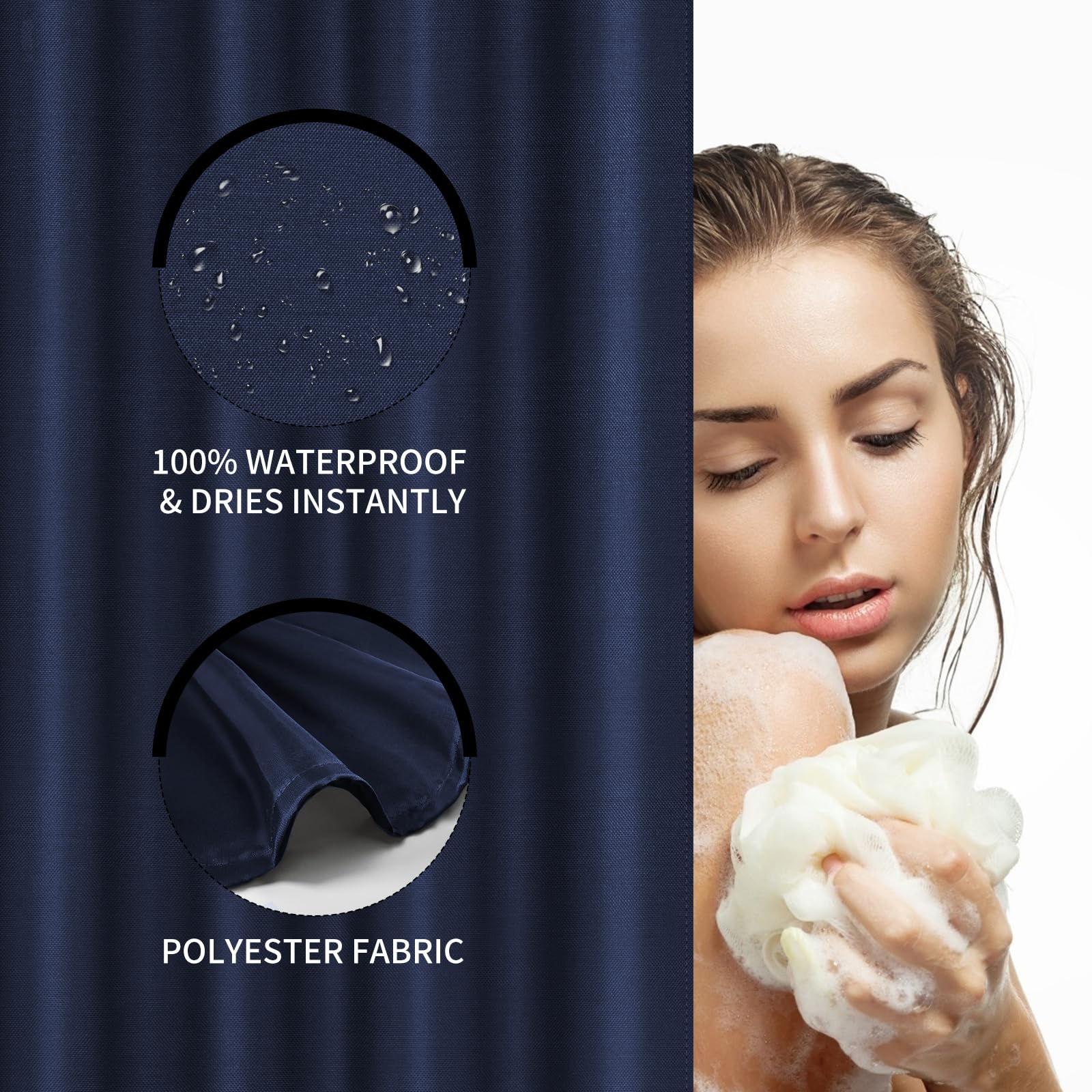 Tenda da doccia in poliestere 180 x 220 cm, anti-muffa per bagno, tenda per vasca da bagno e doccia in tessuto impermeabile e lavabile, con 12 ganci blu navy