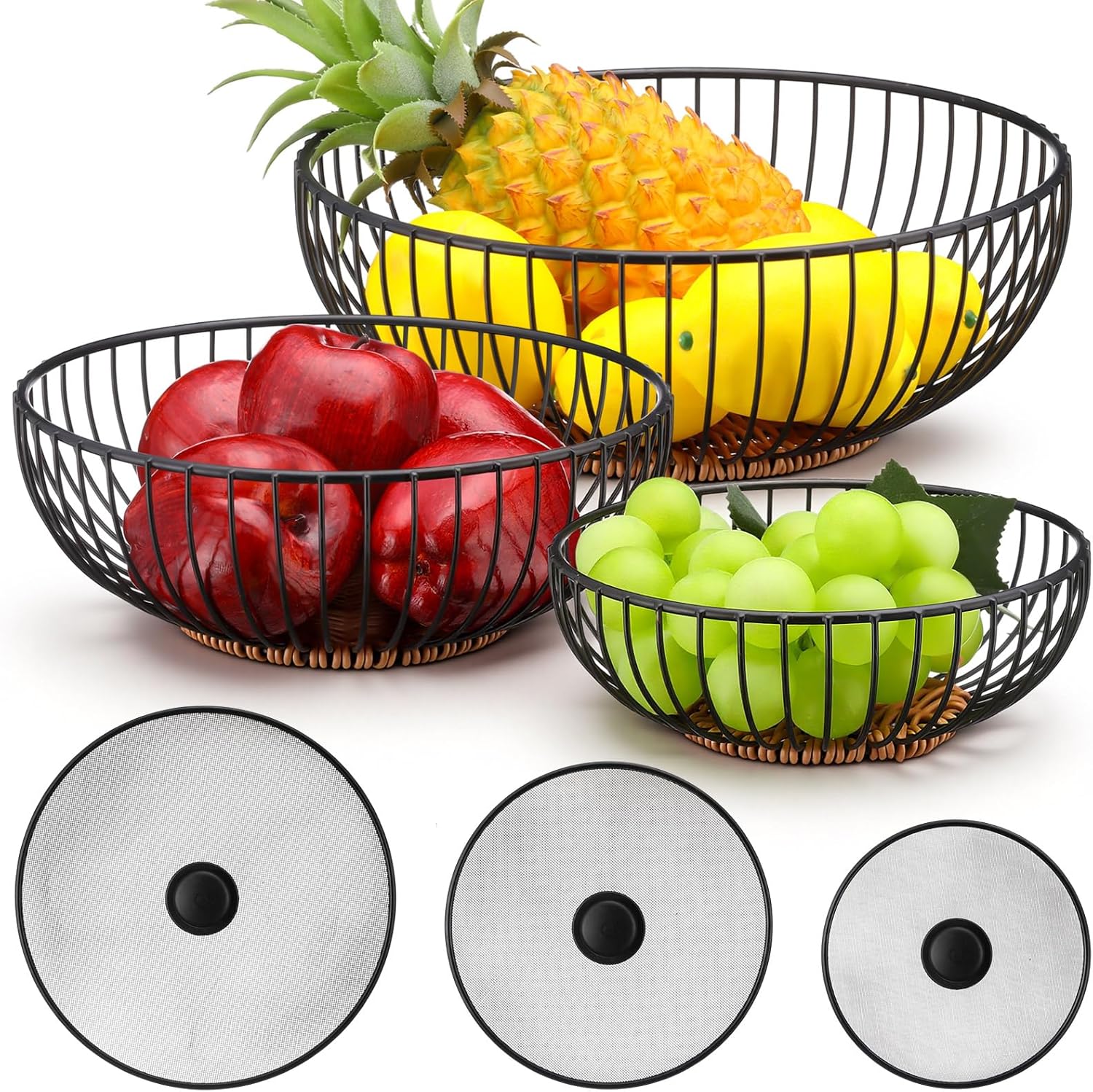 3 Set Metal Fruit Bowl with Mesh Lid, Fruit Basket Vegetable Holder for Kitchen Counter, 3 Sizes, Stackable Black Wire Baskets for Vegetables, Fruits, Snack, and Breads