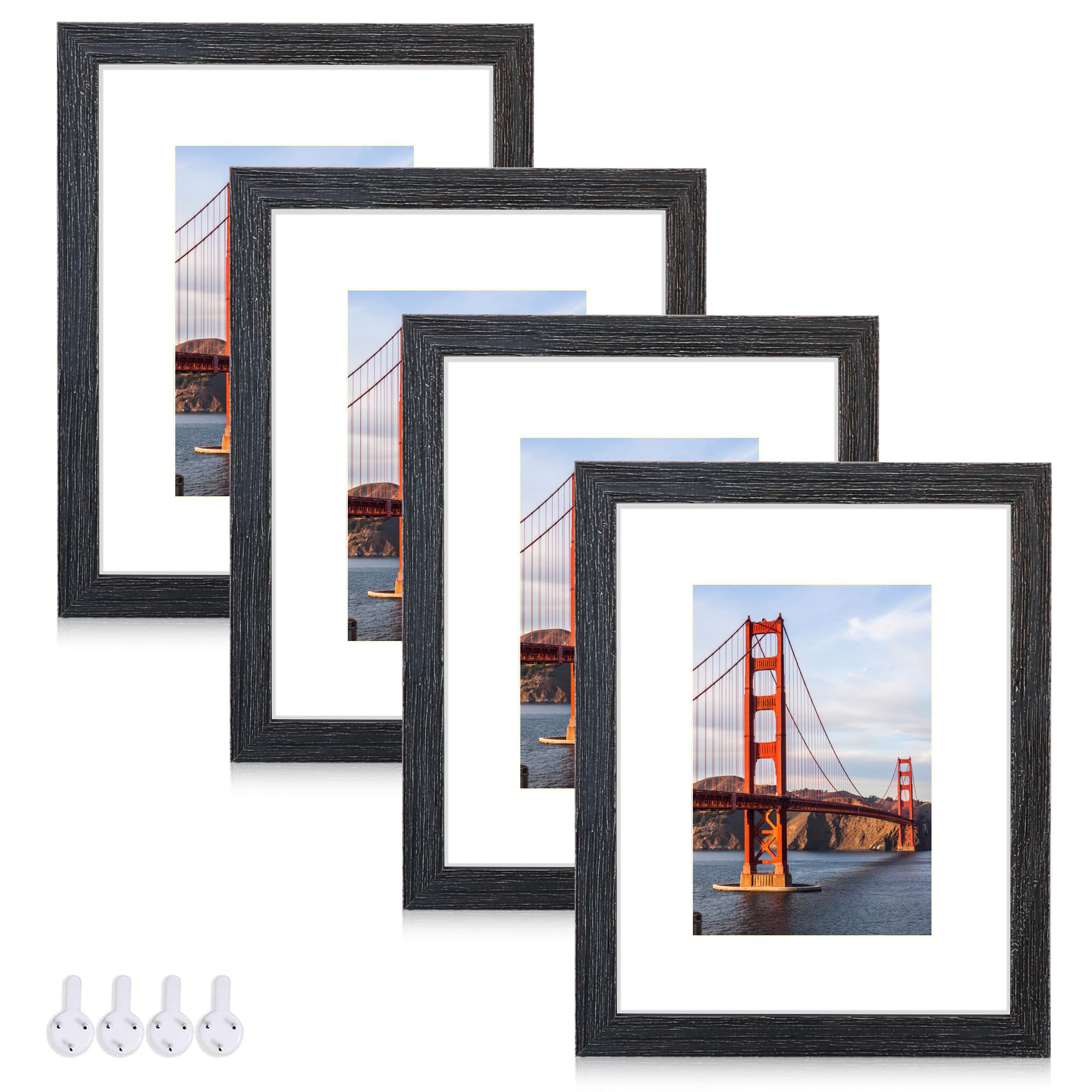 Flocey 8x10 Picture Frame Black Set of 4 - Solid Wood Frames With Real Glass and 5x7 Mat for Table Top and Wall Mounting…