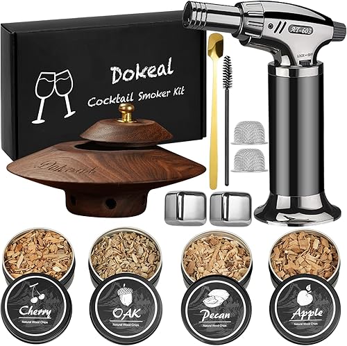 Kit de ahumador de cóctel con antorcha, kit de cóctel antiguo, chips de madera de 4 sabores para whisky y bourbon, kit de infusor de ahumador de