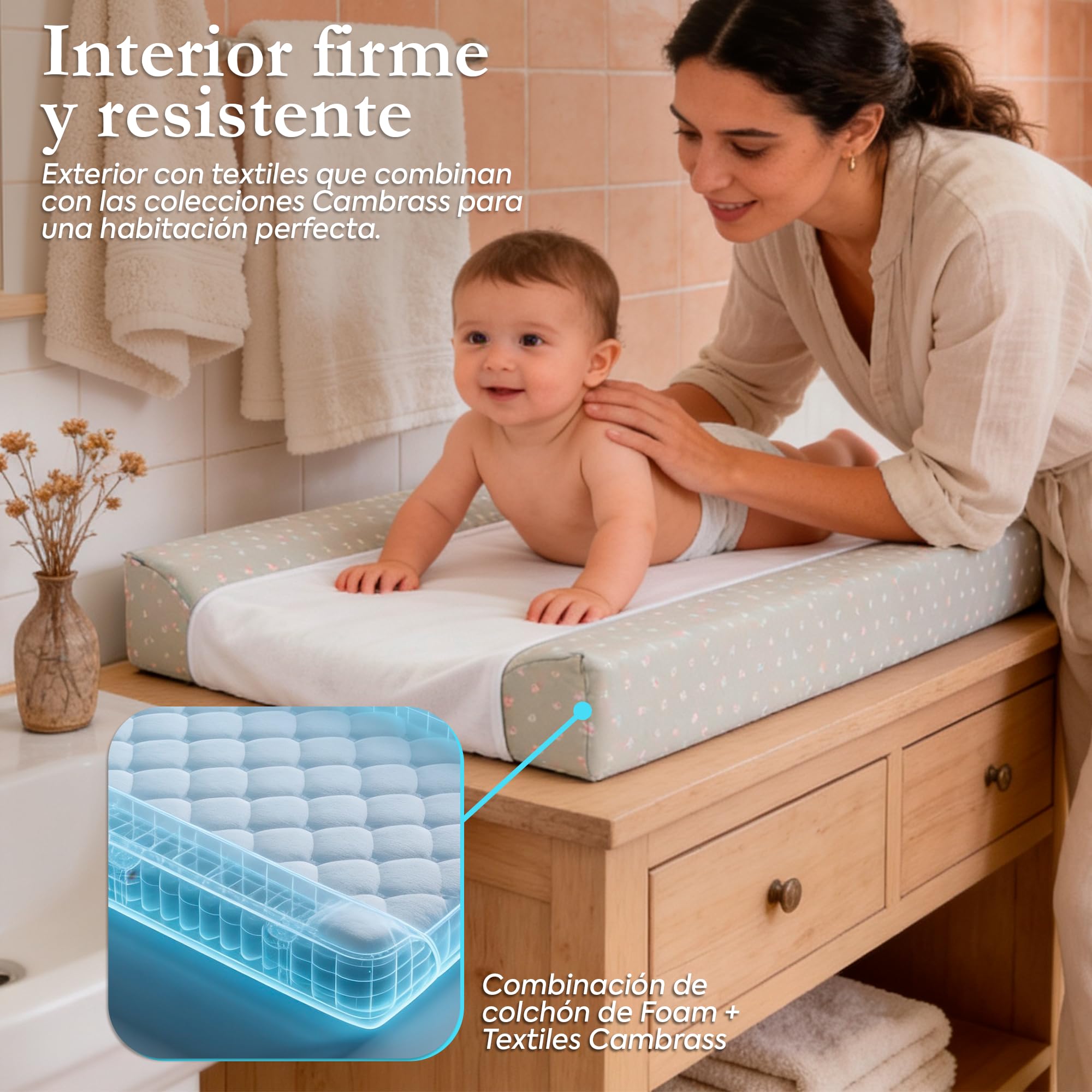 CAMBRASS Cambiador Bañera Bebe Acolchado de Algodon Impermeable y Ergonomico para Comoda o Cama 50x70x9 cm Rustic Rosa