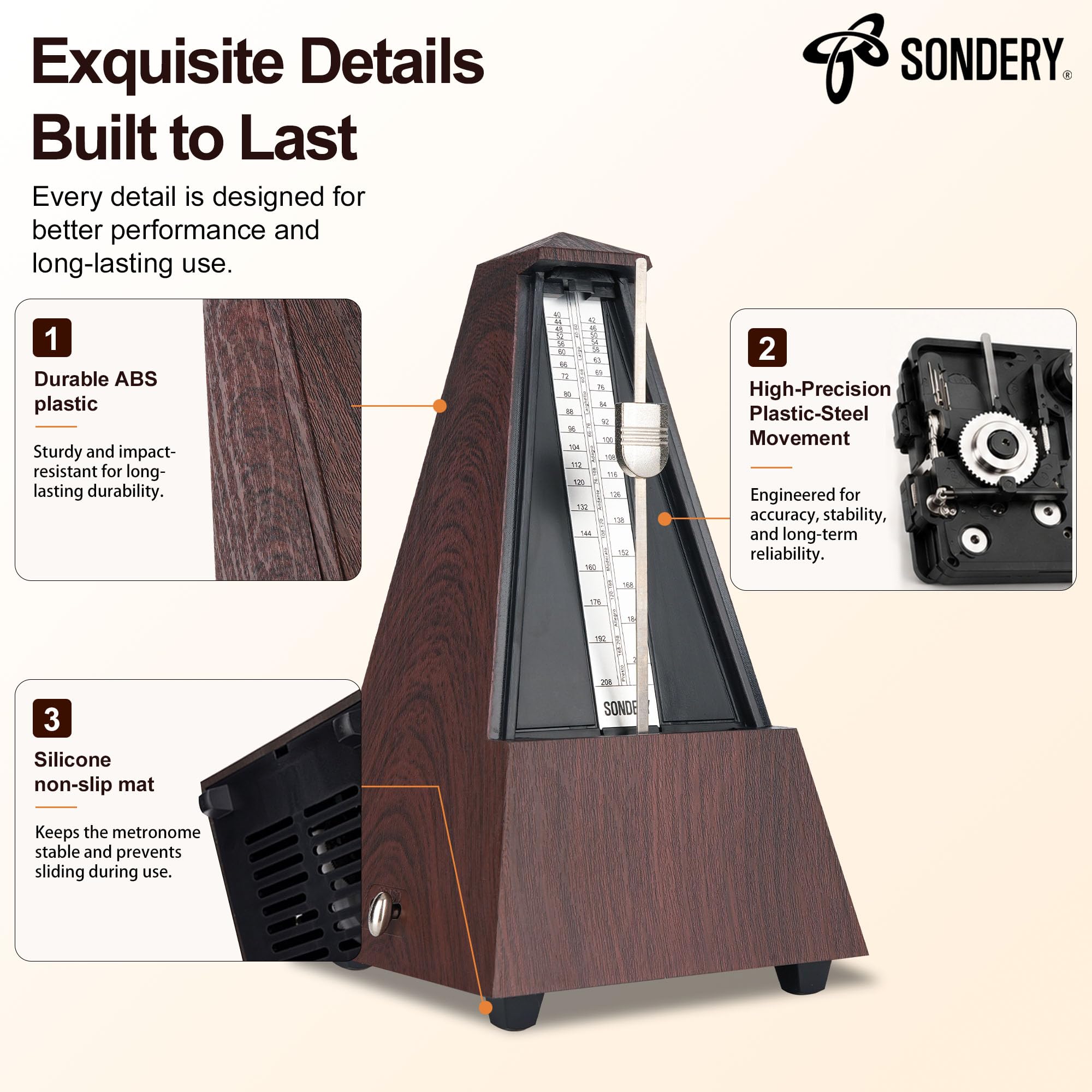 Sondery Metrónomo mecánico clásico con campana para piano, guitarra, tambor, violín, saxofón, todos los instrumentos, rango de tempo 40-208 bpm, Beats 02346, caja ABS de grano de madera negra con