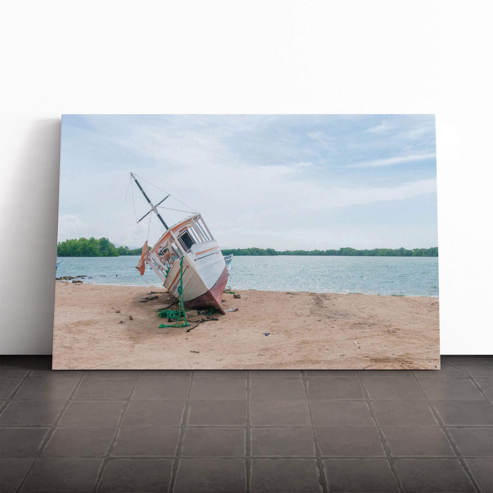 Boat Upon The Shore Beach Canvas Print | Gallery Wrapped 30mm Frame Wall Art | 20x14 inches | Ready to Hang | Modern Seascape Picture | Living Room Bedroom Lounge Office