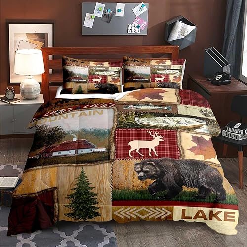 LUVIVIHOME Juego de edredón de cabaña de 3 piezas, tamaño Queen, oso, peces, ciervos, alces, bosque, animales, caza, pesca, búfalo rojo, retazos,