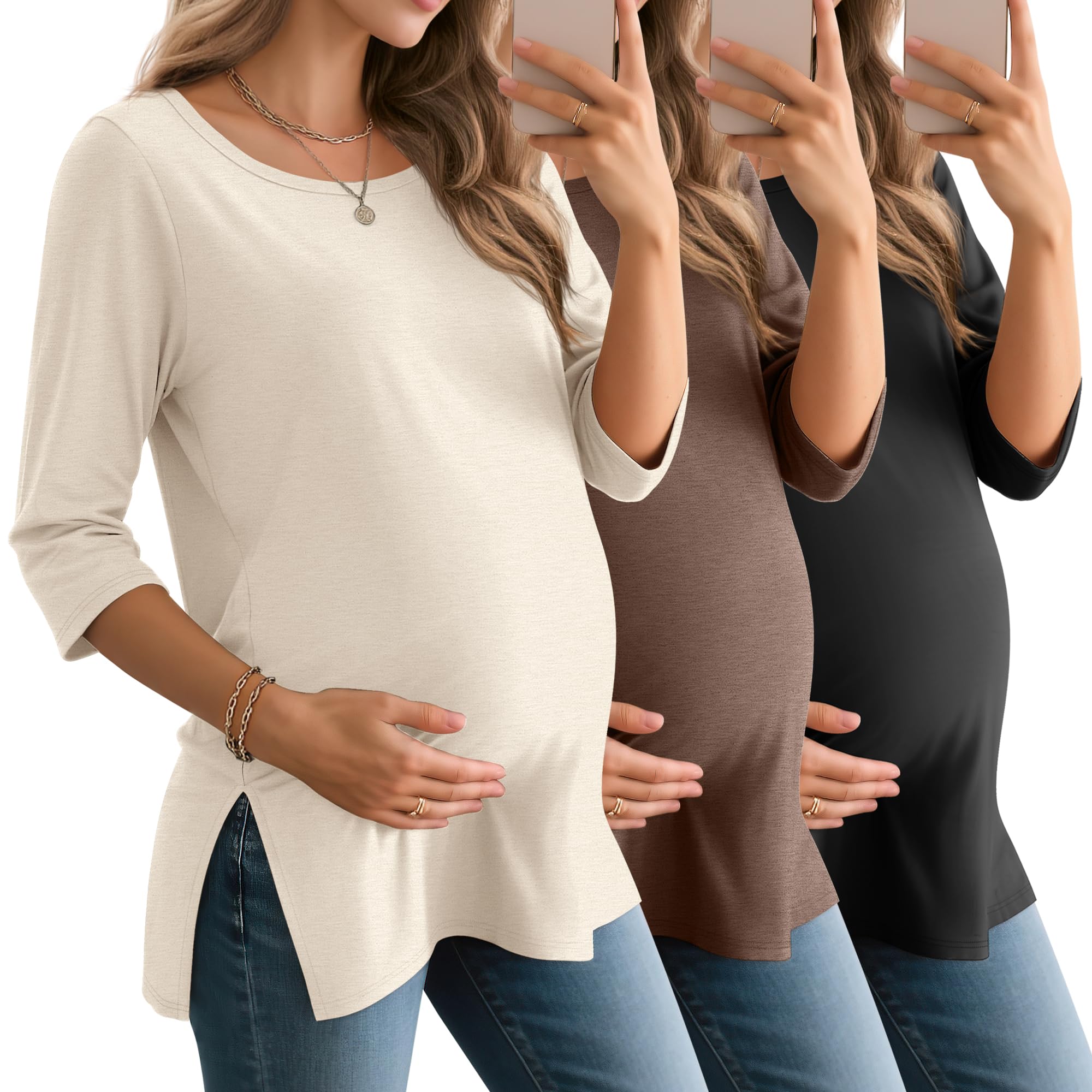 3 Pack Womens 3 4 Sleeve Maternity Shirts Elbow Length Clothes Round Neck Tunics Pregnancy Loose Side Split