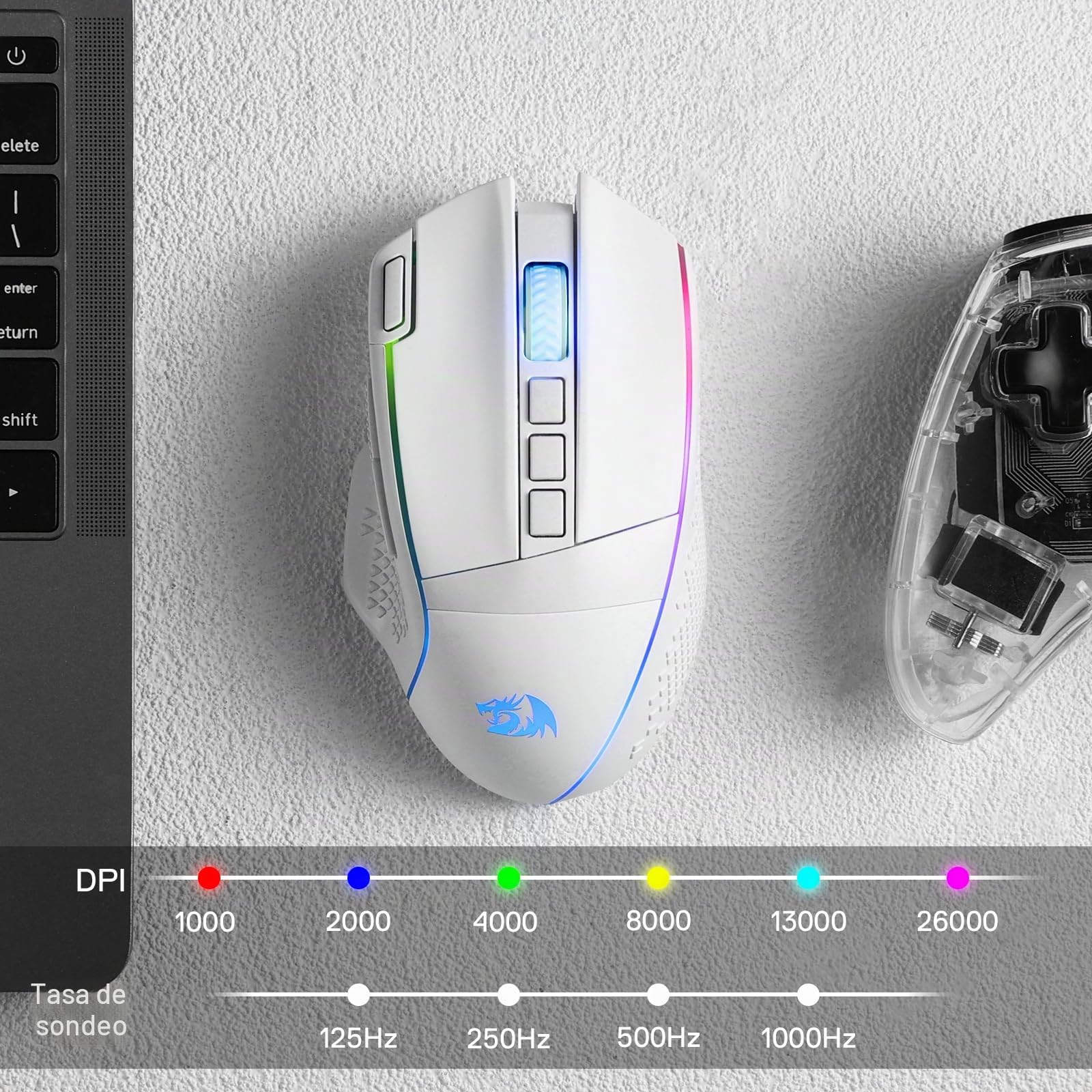 Redragon M991 Ratón Gaming Inalámbrico 19000 dpi Botón Disparo Rápido | 9 Teclas Macro 45 Horas Batería Continua RGB Retroiluminación Compatible PC Mac Portátil