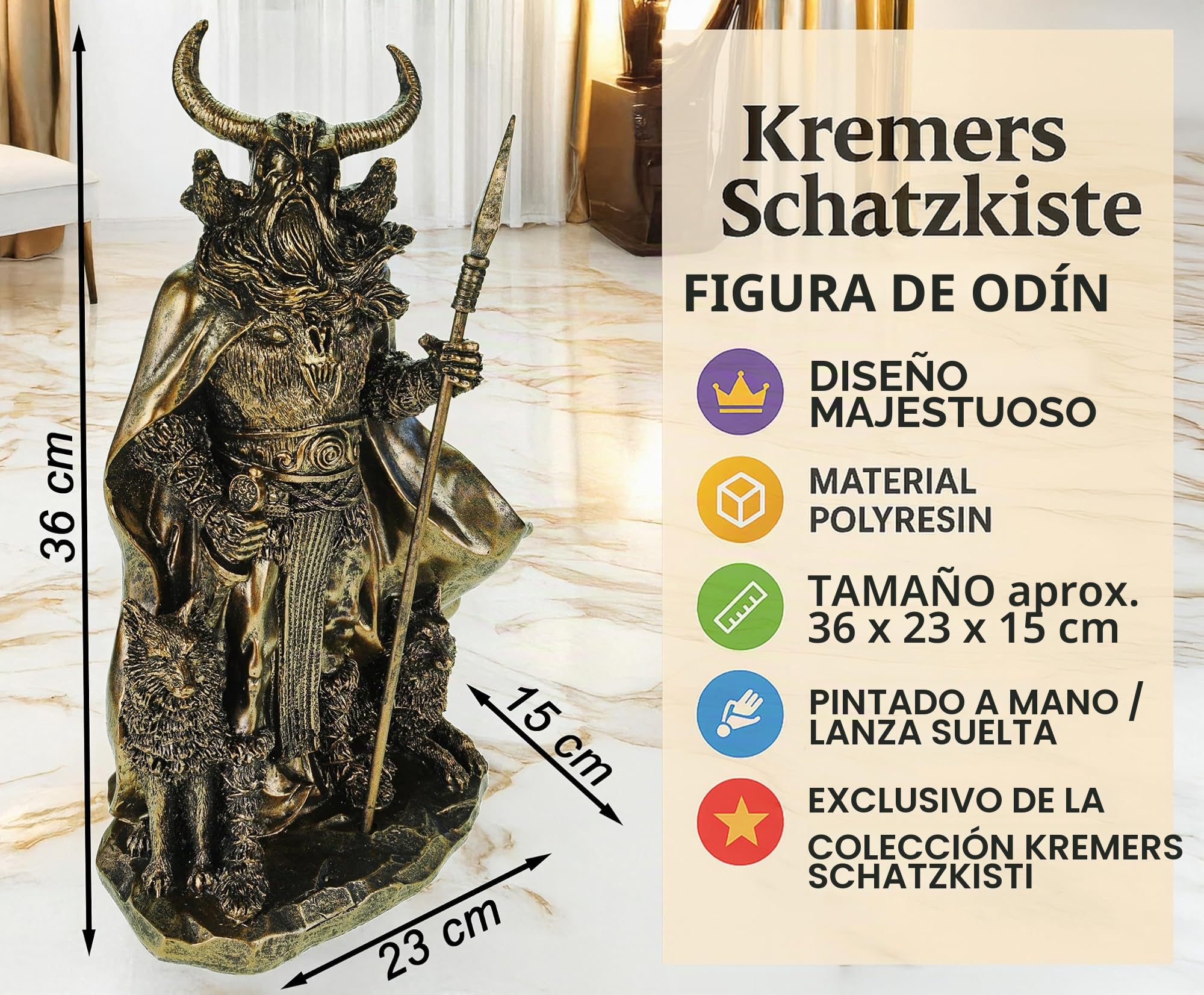 Kremers Schatzkiste Figura de Odin con cuervos Hugin y Munin y lobos Geri y Freki, 36 cm, mitología nórdica, escultura de dioses de polirresina – Regalo vikingo