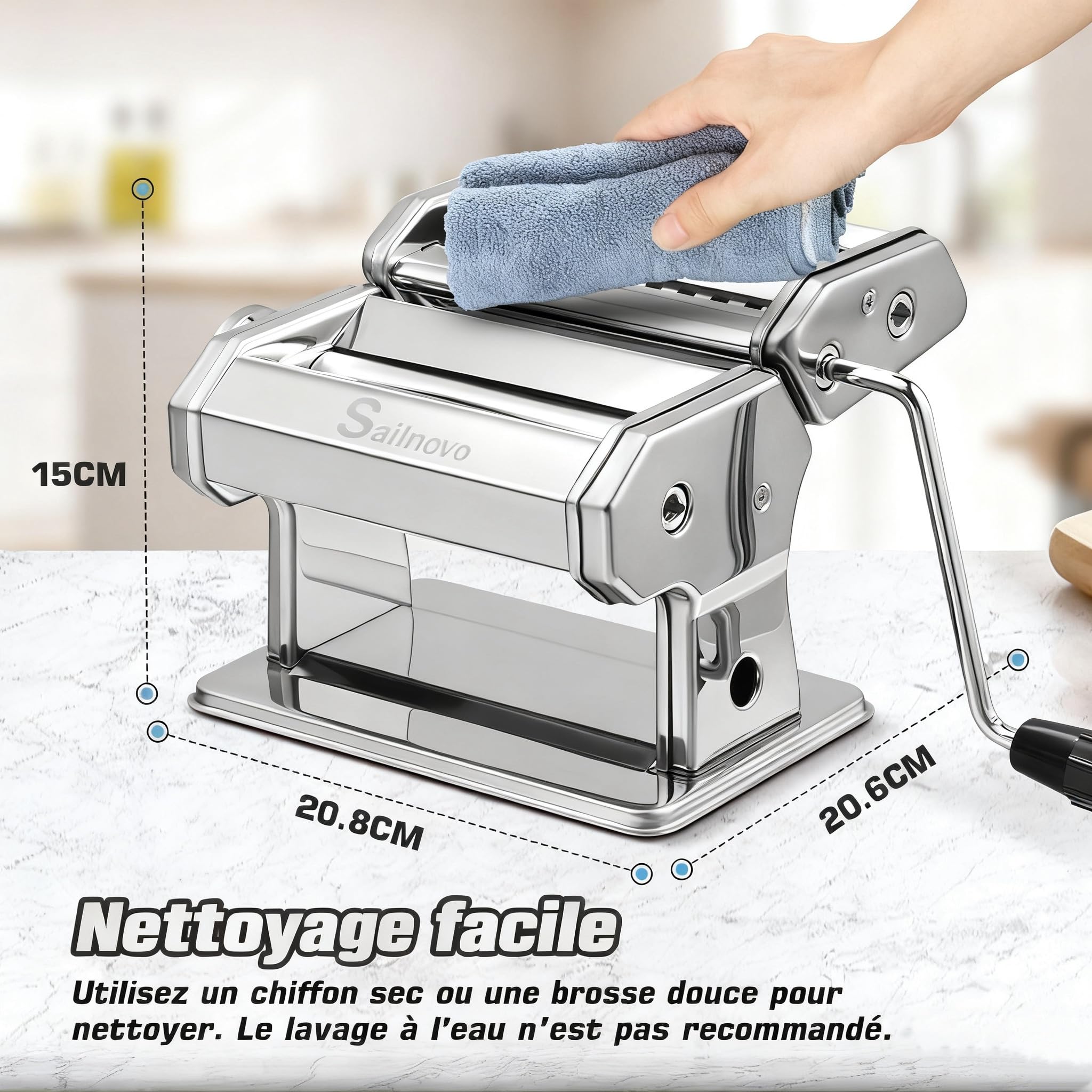 Sailnovo Machine a Pates Fraiche, 180 Aluminium Machines à Pâtes avec 9 Réglages d'épaisseur Réglables et 2 Cutters, Pasta Maker est Parfait Pour Les Pâtes, les pâtes, Laminoir a Pate (Argent)