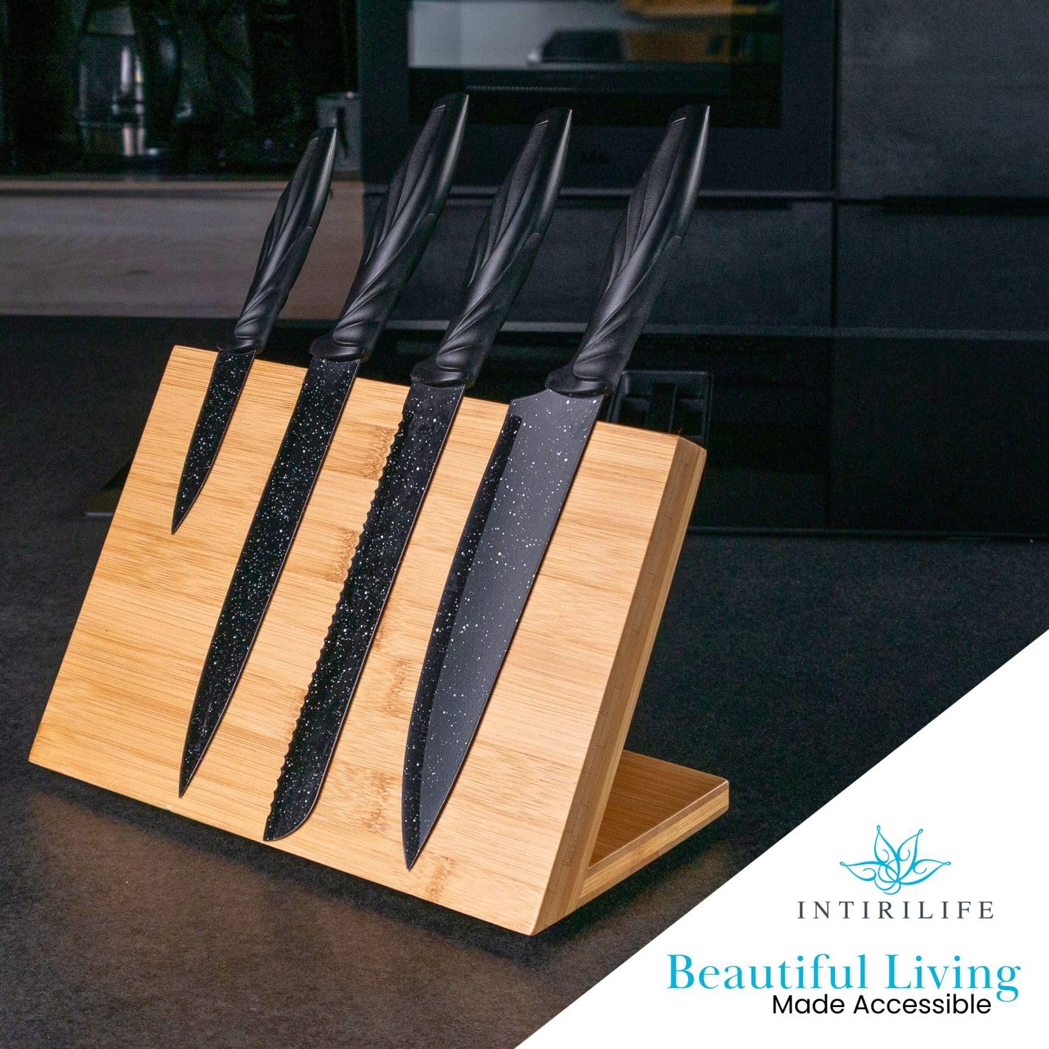 INTIRILIFE Portacuchillas magnético en MARRÓN DE BAMBÚ - Bloque de Cuchillos de Madera Hecho de bambú con imán para un Almacenamiento de Cuchillos y Equipos de Cocina Que Ahorra Espacio