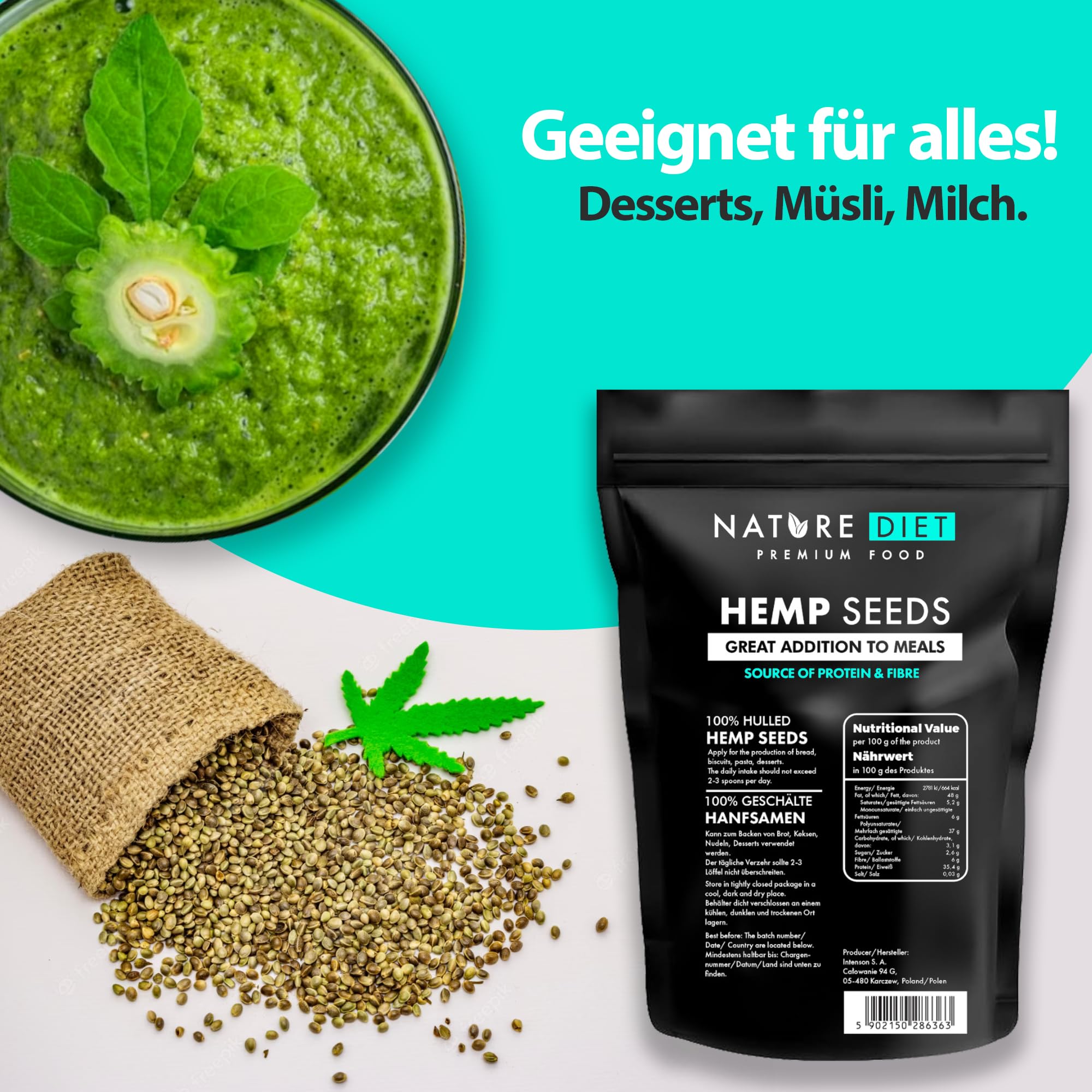 Nature Diet Semillas de Cáñamo 1000g | Peladas | Sin Gluten & Veganas | Ricas en Proteínas y Fibra | Fuente de Omega 3 & 6 | Superalimento para una Nutrición Diaria — view 6