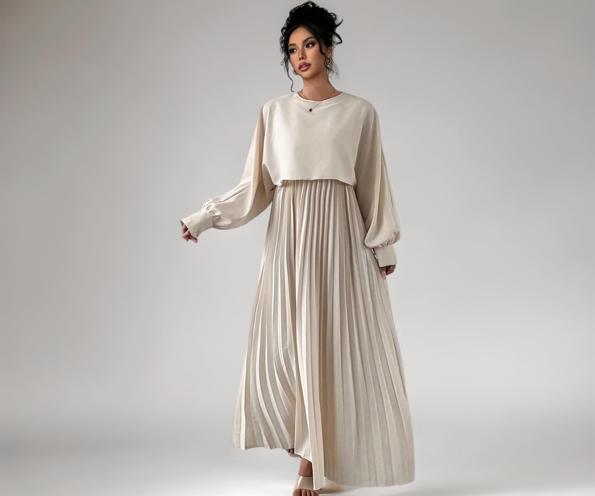 LITZO Dress for Women || Women’s Solid Pleated Maxi Dress || Modest Long Sleeve Loose Fit Flowy Gown for Casual, Office & Brunch || Lightweight Comfortable Western Outfit (T-L-17-18)