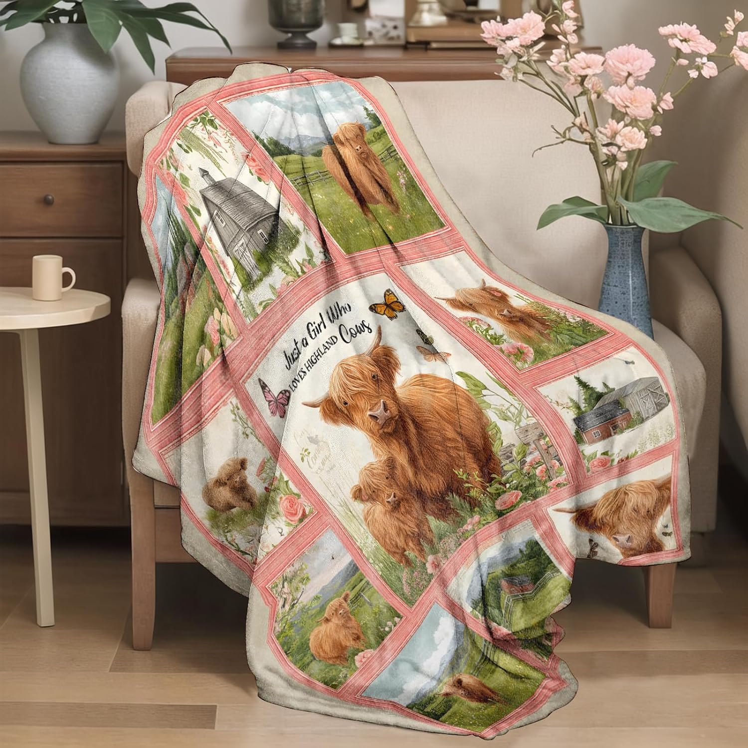 Rustic Highland Cow Flannel Blanket Barn Butterfly and Flower Lightweight Throw Blankets for Sofa Picnic Travel and Gathering Decorate All Season Use Farmhouse Style Gifts 50x60in
