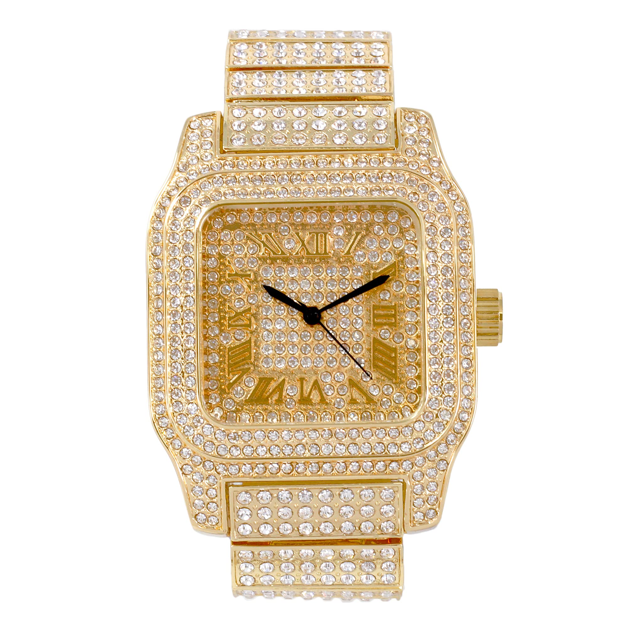 Techno PaveMen's 45mm Square Iced Diamond Watch - Fully Iced Case & Roman Dial - Bling-ed Out Adjustable Band - 14k Gold, Silver, Two-Tone, Gun Finish - Watch & Bracelet Sets Options