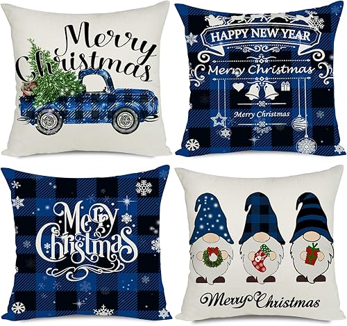 Artmag Juego de 4 fundas de almohada navideñas de 16 x 16 pulgadas, decorativas, para exteriores, granja, búfalo, búfalo, a cuadros, camión, gnomos,