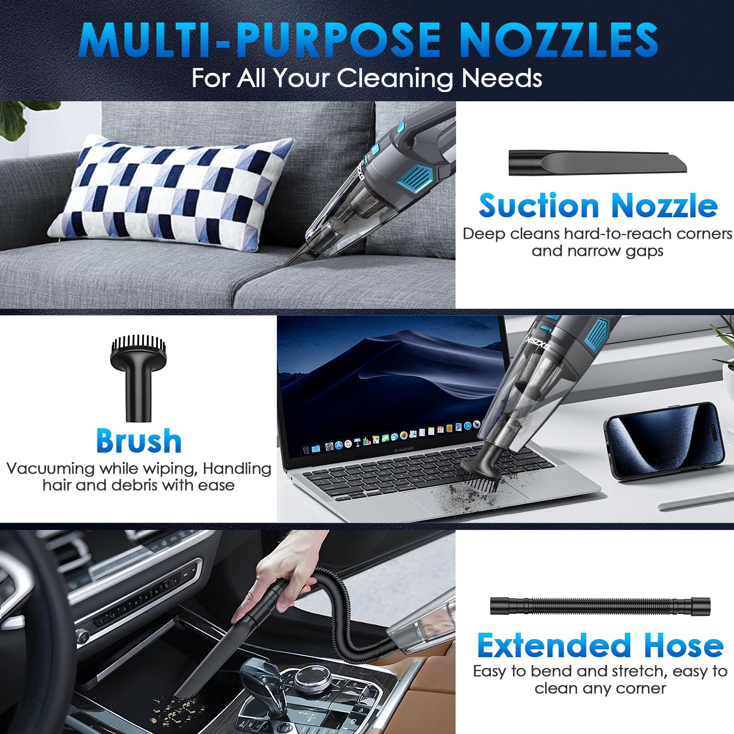 Gxzsk Aspiradora de mano inalámbrica, 15000 PA, aspiradora de mano de succión fuerte para coche, recargable, aspiradora de mano portátil con múltiples boquillas y filtro lavable para oficina en casa