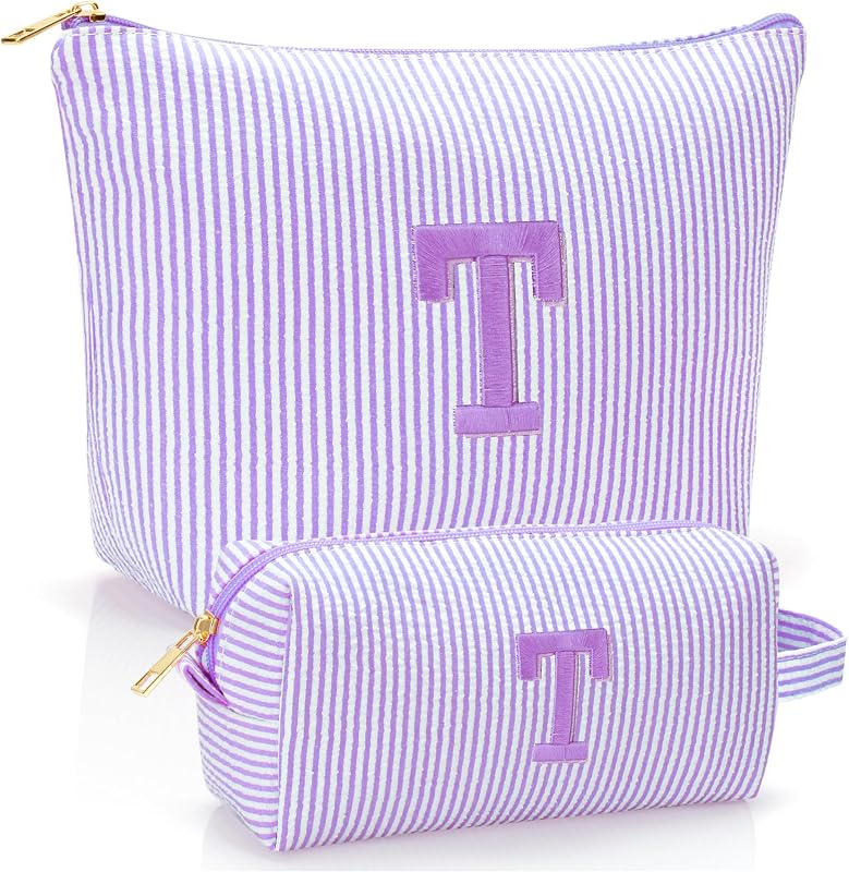 Necessaire de maquiagem YILANCOL com inicial bordada, conjunto com 2 bolsas, roxa