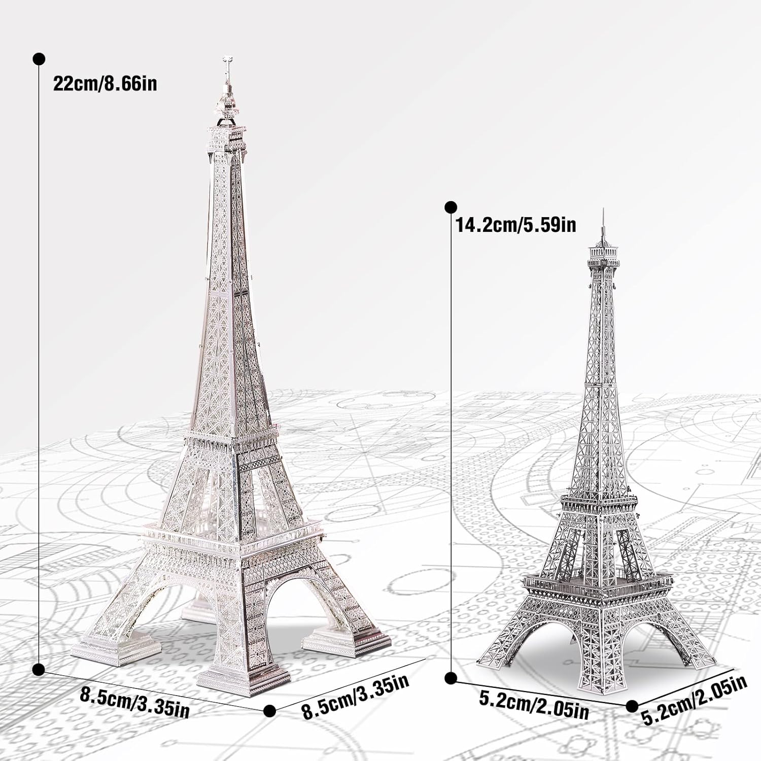 Dimensions of the Piececool Eiffel Tower 3D metal model