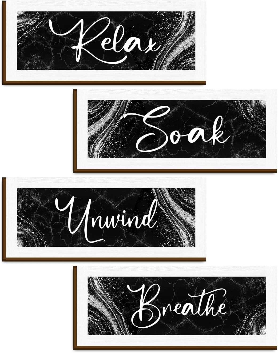 Wooden Bathroom Wall Decor, Relax Soak Unwind Breathe Black and White Bathroom Decoration Signs, Pictures for Wall Art, 10 x 4 Inch, Set of 4