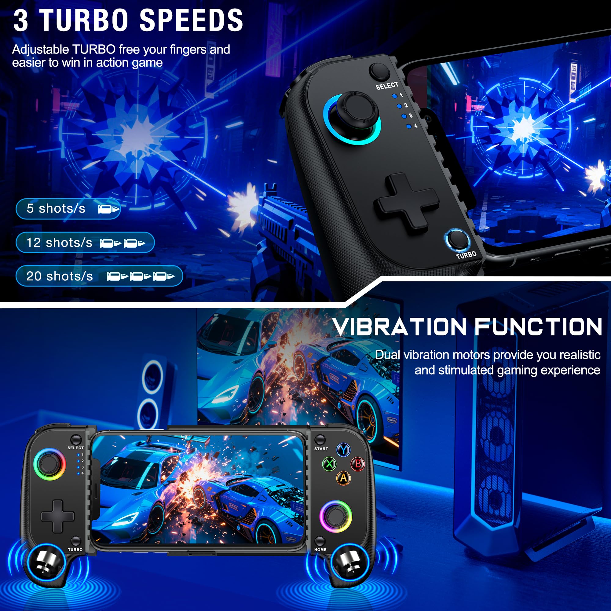 HASACOOL Handy Controller für iPhone/Android, Bluetooth Smartphone Controller mit Hall Effect Joystick/RGB Licht, Support Xbox Cloud/Steam Link/GeForce Now/MFi Apple Arcade/Roblox