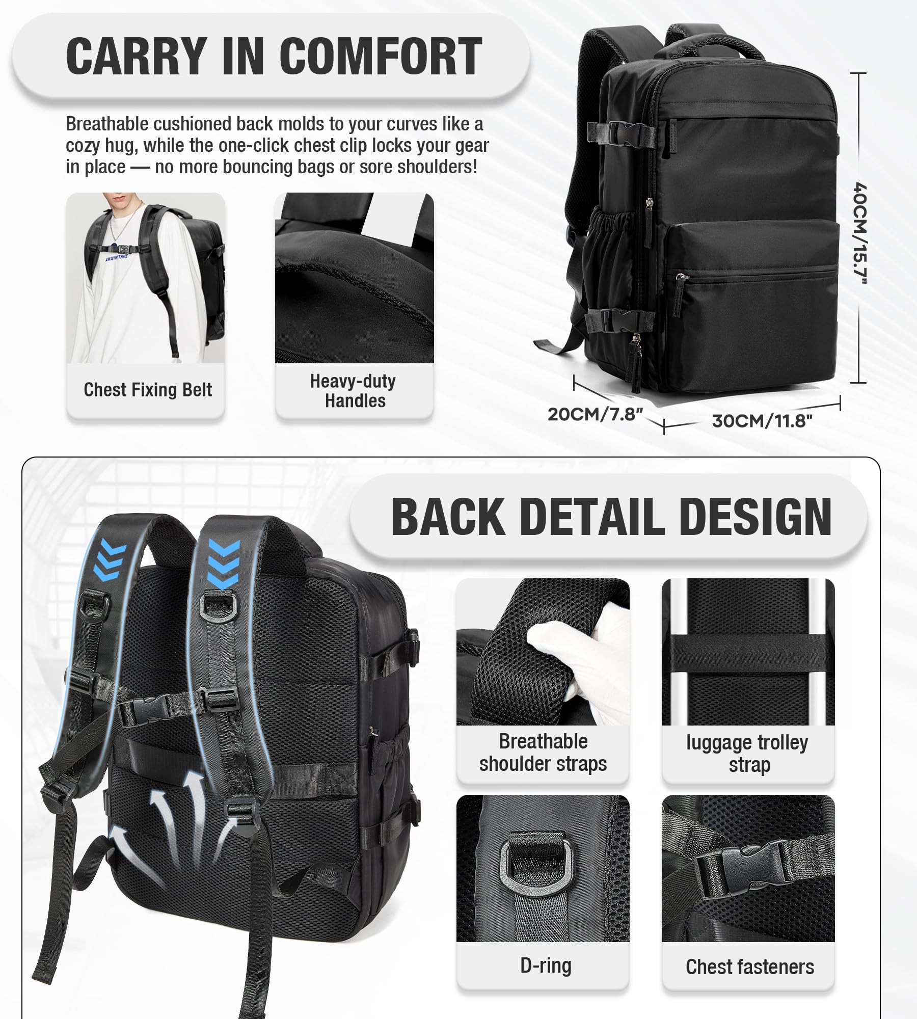 Mochila de Viaje al Vacío con Bomba - 40x30x25 cm (Cabina Ryanair) - Mochila de Mano para Avión con Portátil 14" - Impermeable - Unisex/Día - Equipaje de Cabina para Hombre y Mujer Negro