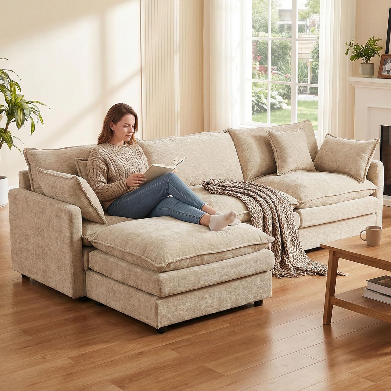 GRAVFORCE 102” L-Shaped Modular Sectional Sofa, 4-Piece Convertible Couch Set with Movable Ottoman, Comfy Cloud Living Room Furniture Sets, Soft Chenille, Deep Seat, for Apartment Office, Coffee