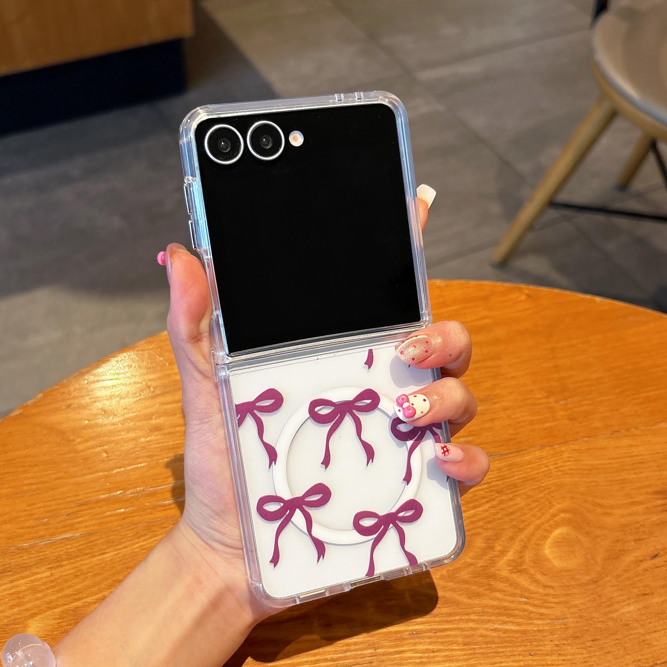 Magnetic for Samsung Galaxy Z Flip 7 Case, Bow Case Compatible with MagSafe, Wireless Slim Clear Ribbon Phone Cover Anti-Yellowing Shockproof Protective Cover for Women Girl - Purple