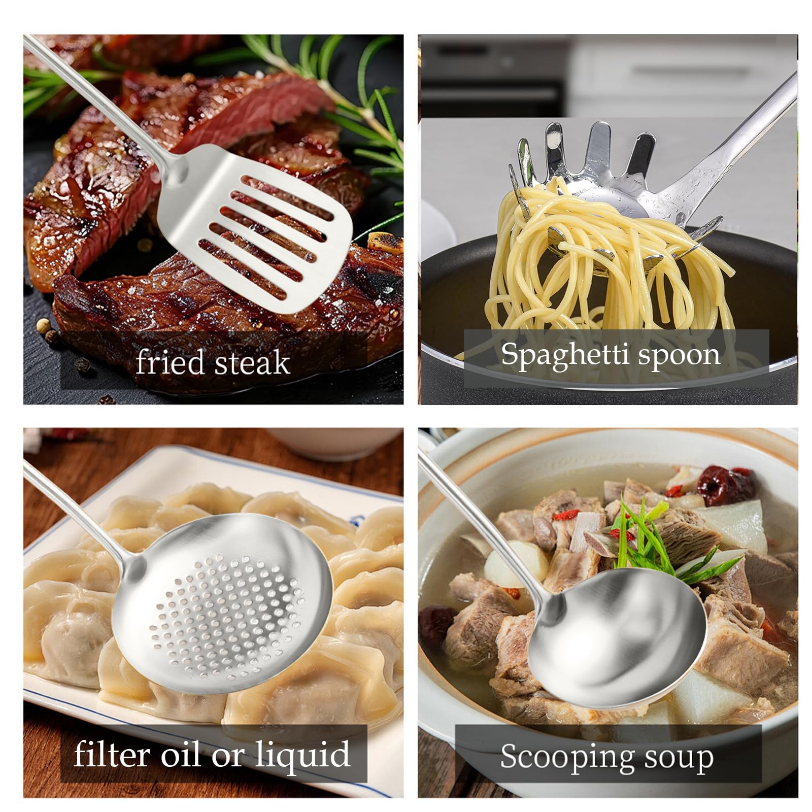 Lot de 10 ustensiles de cuisine en acier inoxydable - Presse-purée - Cuillère solide fendue - Fourchette - Spatule - Louche - Cuillère à fente - Spatule à fente - Cuillère à spaghetti - Grande