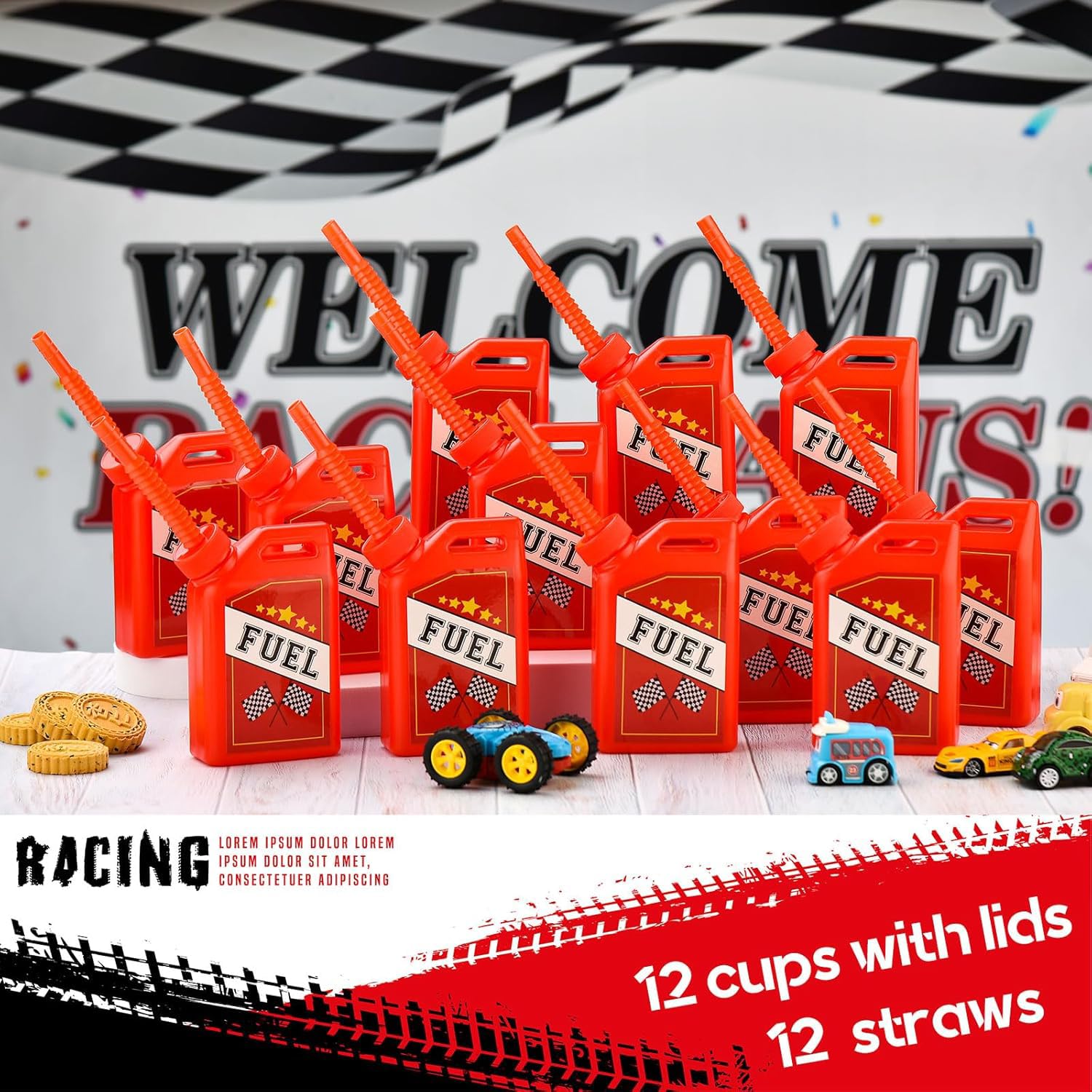 ALINK Lot de 12 tasses de voiture de course, réutilisables, avec paille, motif voiture de course, accessoires de fête d'anniversaire, décorations de fête pour garçons et enfants, 310 ml