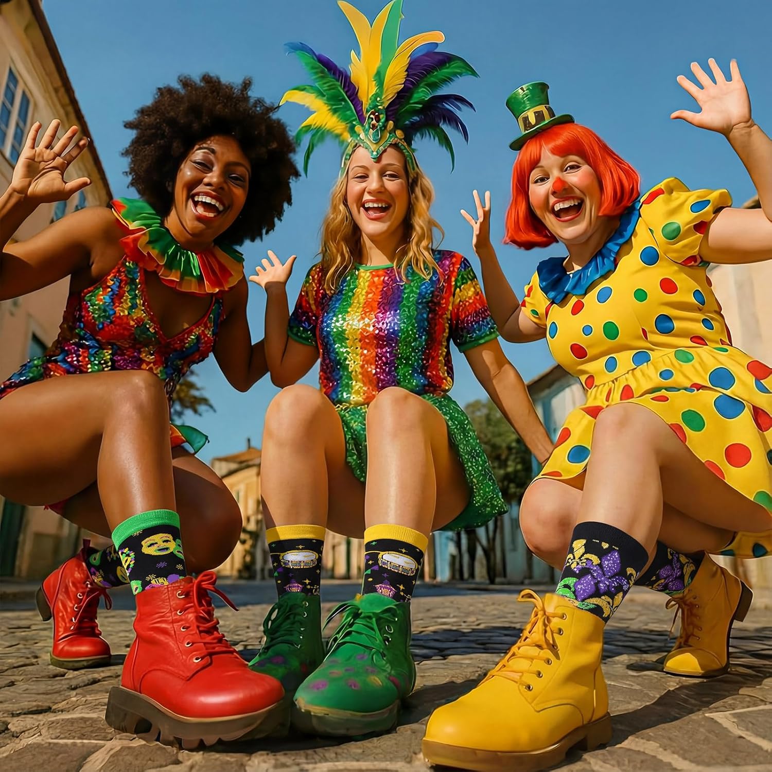 Janmercy 6/10 Pair Mardi Gras Socks Gift for Women Men Funny Novelty Contrast Color Mask Clown Crew Sock Mardi Gras Gift - Image 7