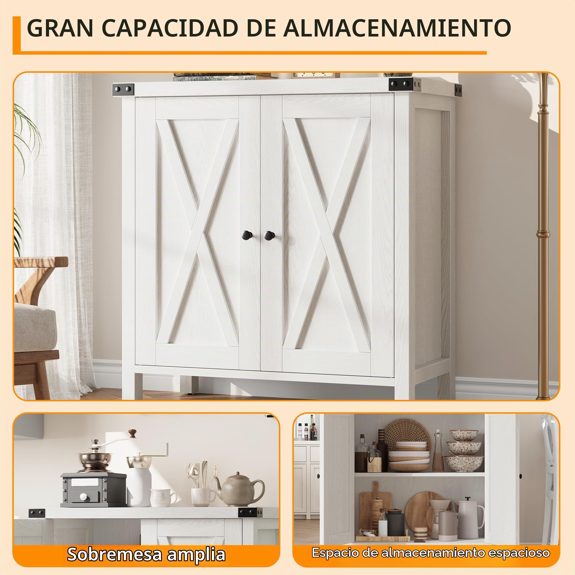 Zstar Mueble Bar De Café, Mueble De Cocina, Aparador Buffet Moderno De Estilo Rústico con Estante Ajustable, Gabinetes Decorativos con Puertas De Granero para Cocina, Comedor, Entrada