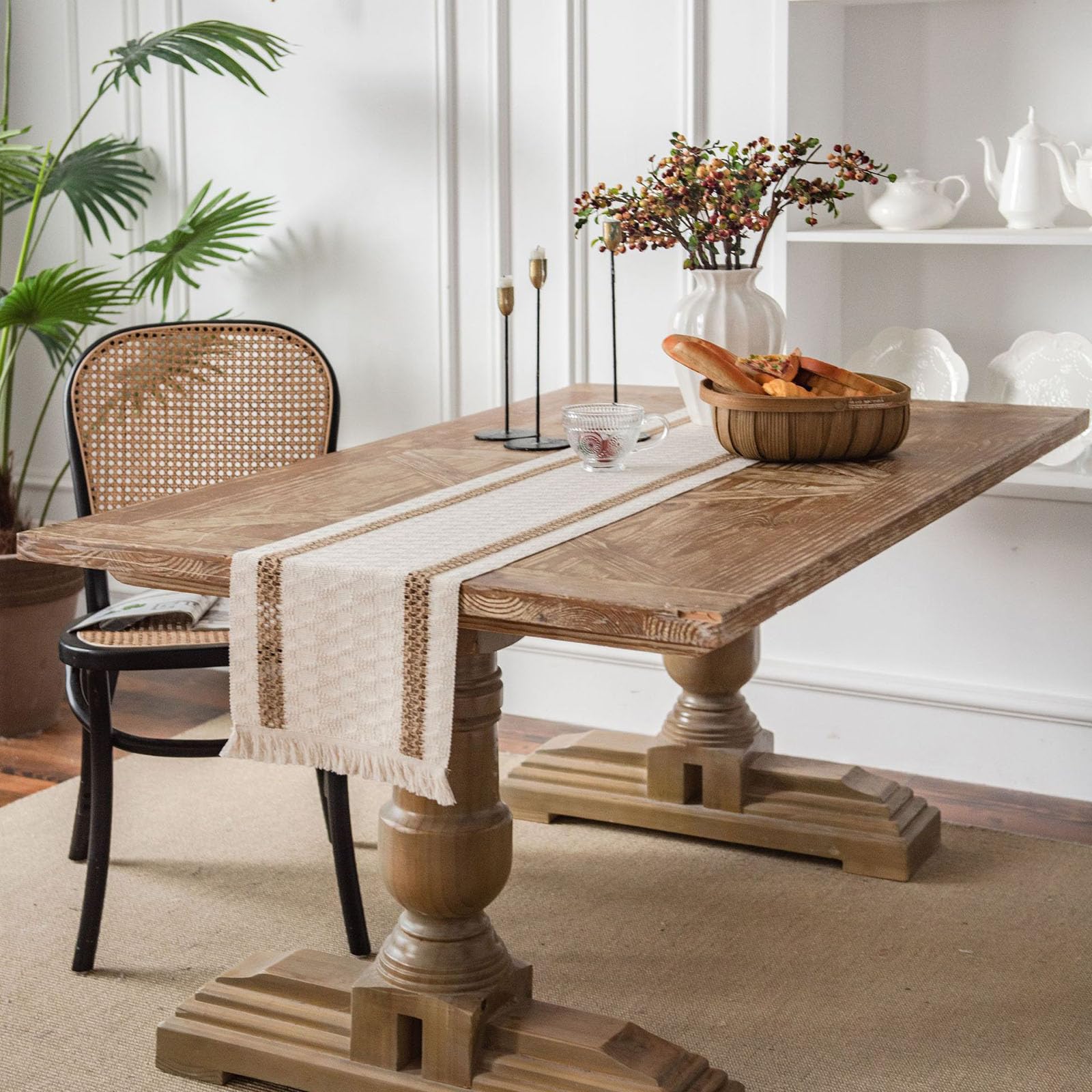 Runner da tavola in macramè con nappe a mano, stile rustico bohémien, in cotone e lino, tessuto di cotone all'uncinetto, decorazione per la casa, tovaglia per cucina, decorazione per la tavola
