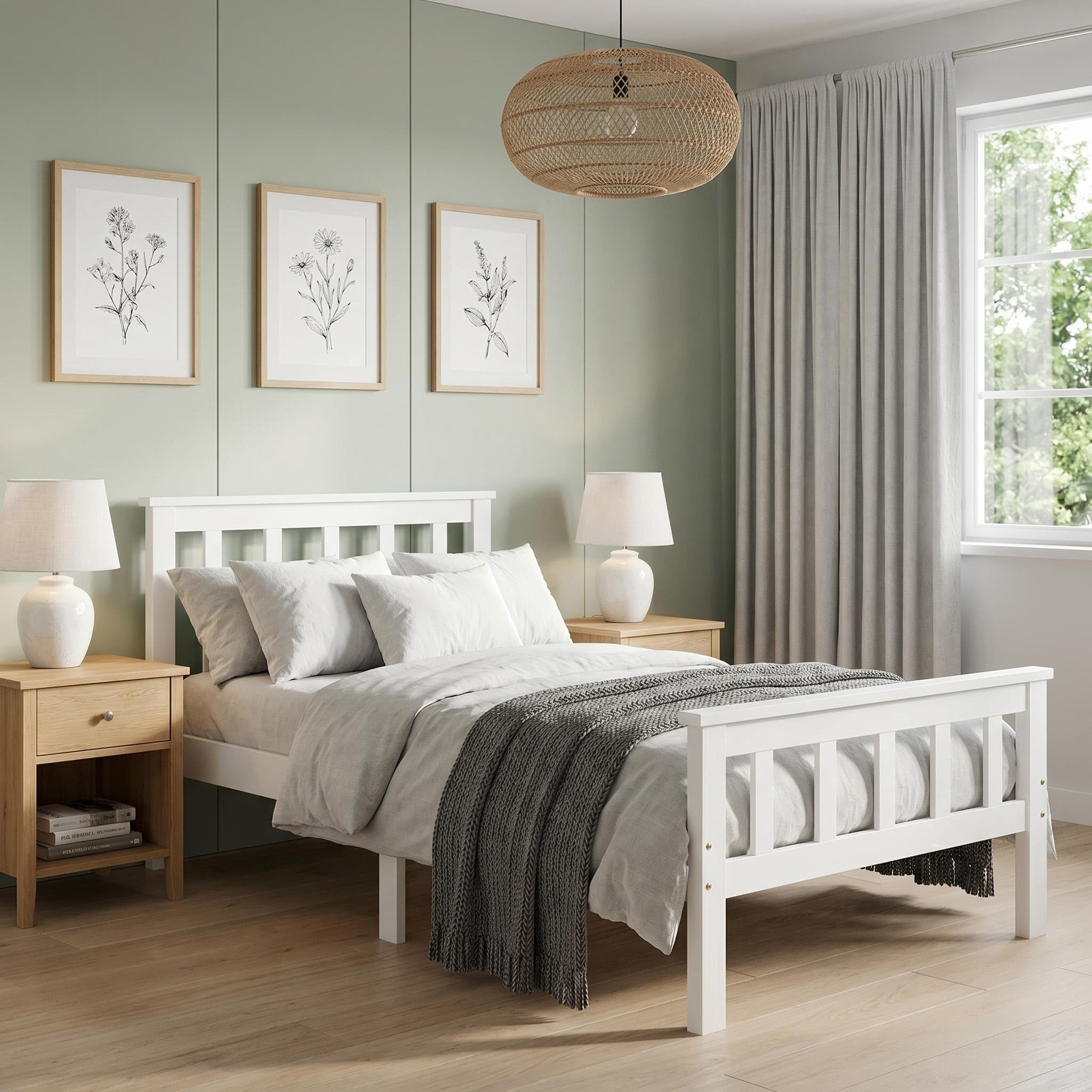 Panana Single Bed Frame Wood Bed for Adults, Kids, 3FT, 90 * 190cm (White)
