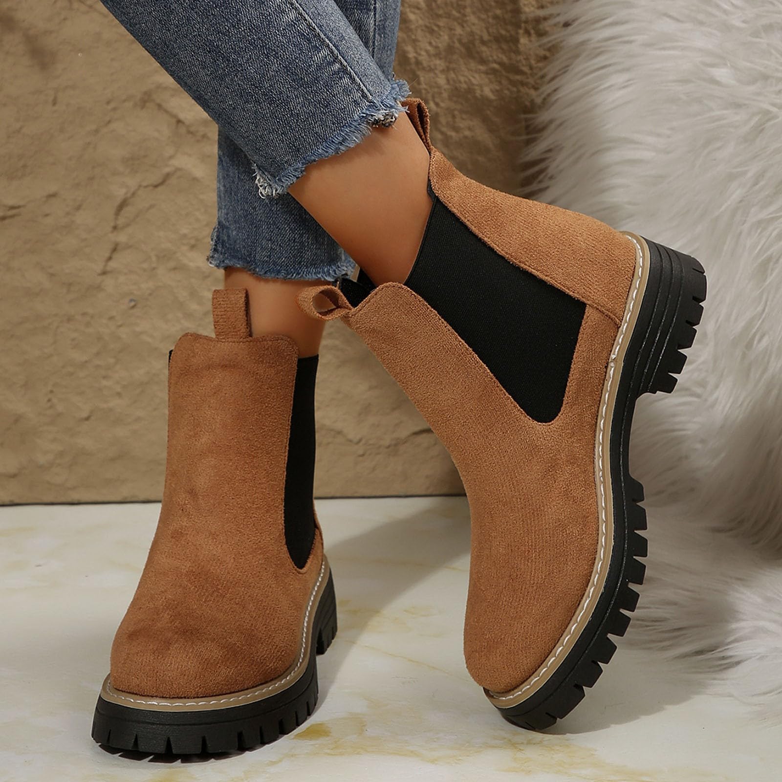 Petite - Botines de gamuza para mujer, de moda, estilo Chelsea, para invierno, hasta la rodilla, tacón de bloque, para días lluviosos, viajes, oficina, por encima de la rodilla, Brown, 39.5 EU