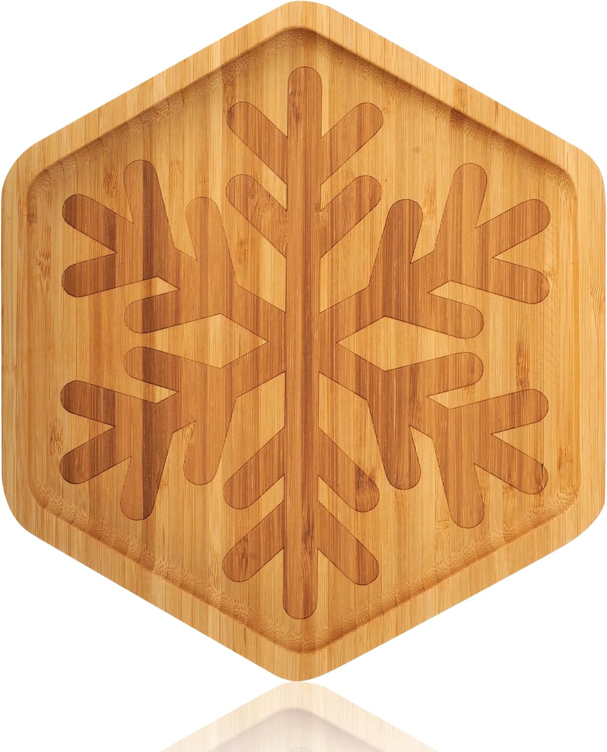 TJ POP Christmas Hexagonal Bamboo Serving Tray with Laser-Carved Snowflake Design - Natural Wooden Food Tray Serving Platter for Holiday Snacks, Drinks, Festive Kitchen Dining Decor (10” x 9”)
