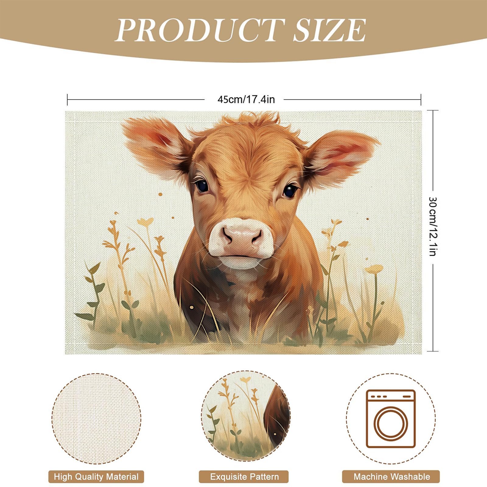 Pack de 8 Table Dessin animé en Coton et Lin, Set de décoration de Table 30×45cm pour événements, Mariage, Anniversaire, dîner, café, Cuisine, (Veau des prairies)